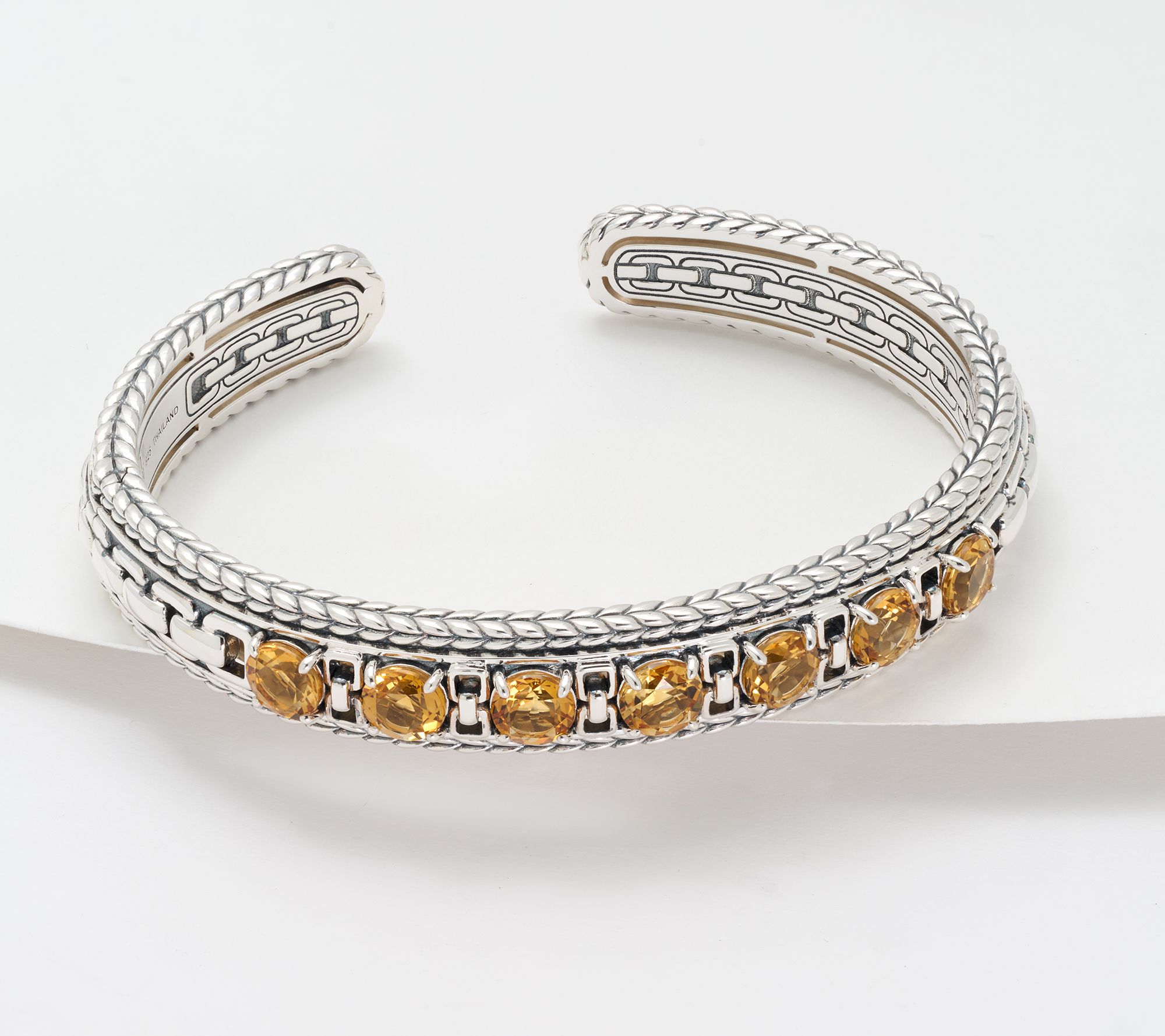 JAI Sterling Silver Round Gemstone Box Chain Cuff Bracelet