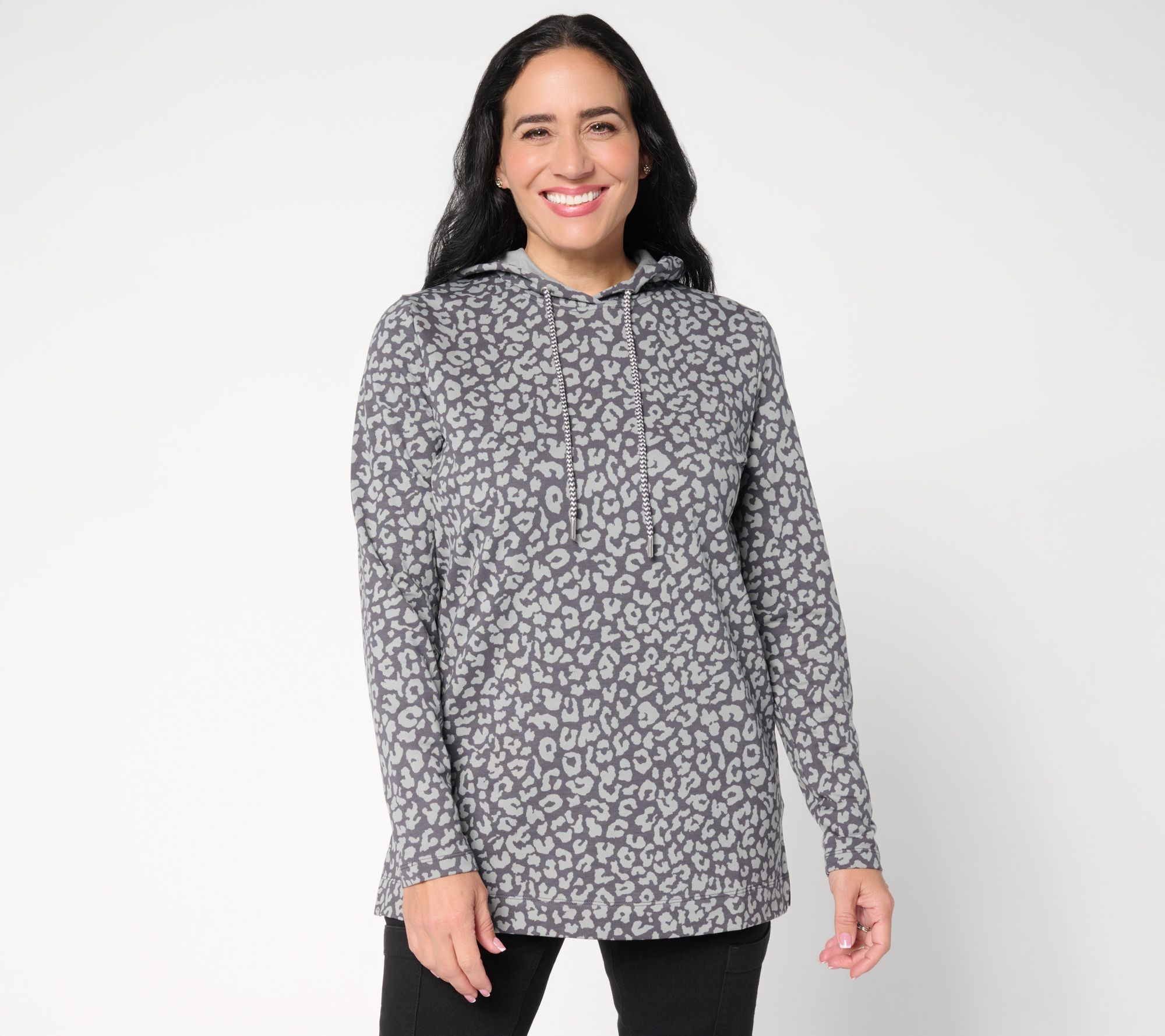 Denim & Co. Active Regular French Terry Animal Print Tunic Pullover