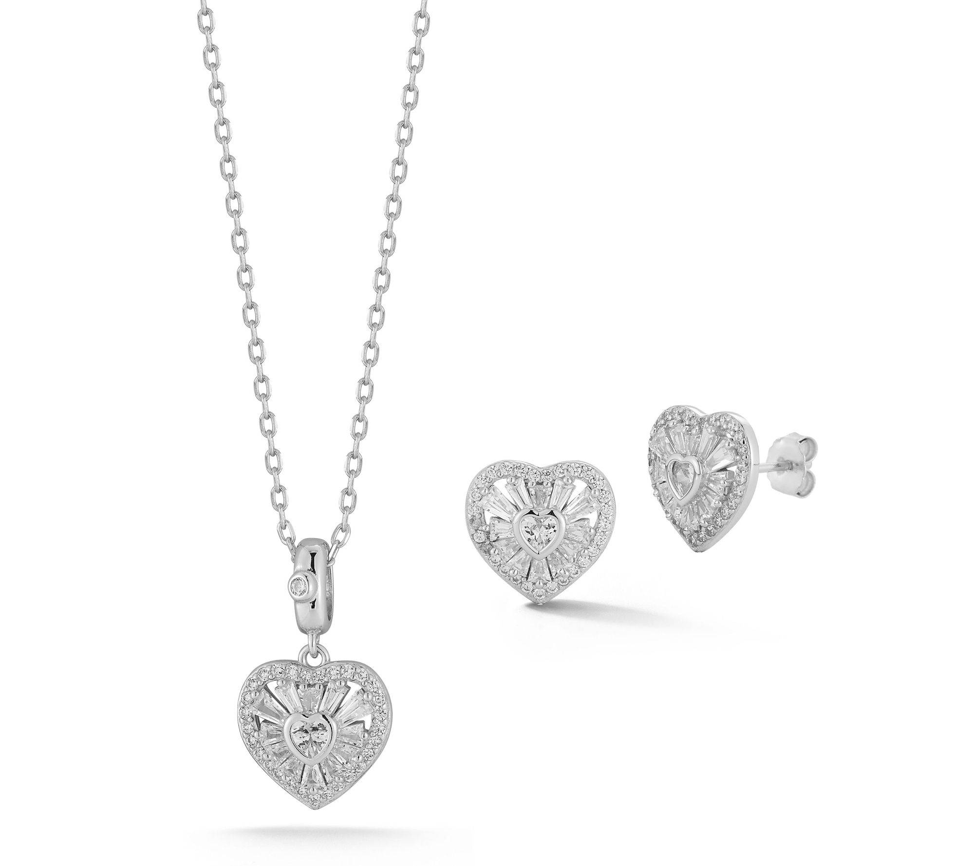 Sterlina Silver Pave Heart Necklace & EarringsSet, Sterling