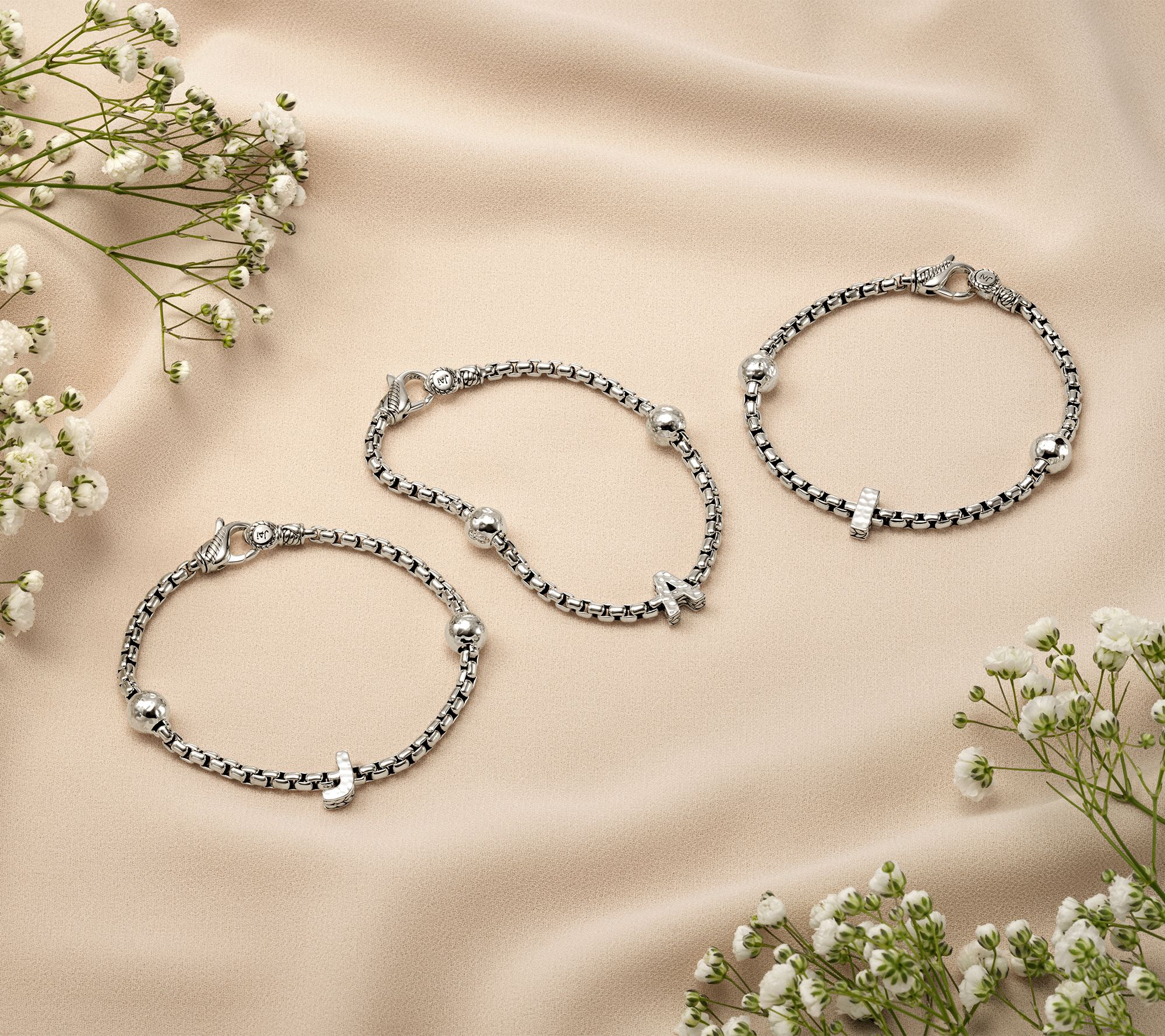 JAI Sterling Silver Initial & Bead 3.7mm Box Chain Bracelet, 11.8g