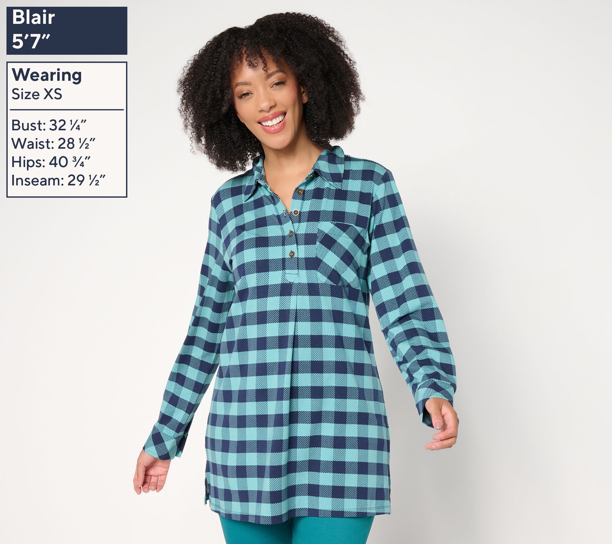 Denim & Co. Regular Buffalo Check So Soft Jersey Henley Tunic