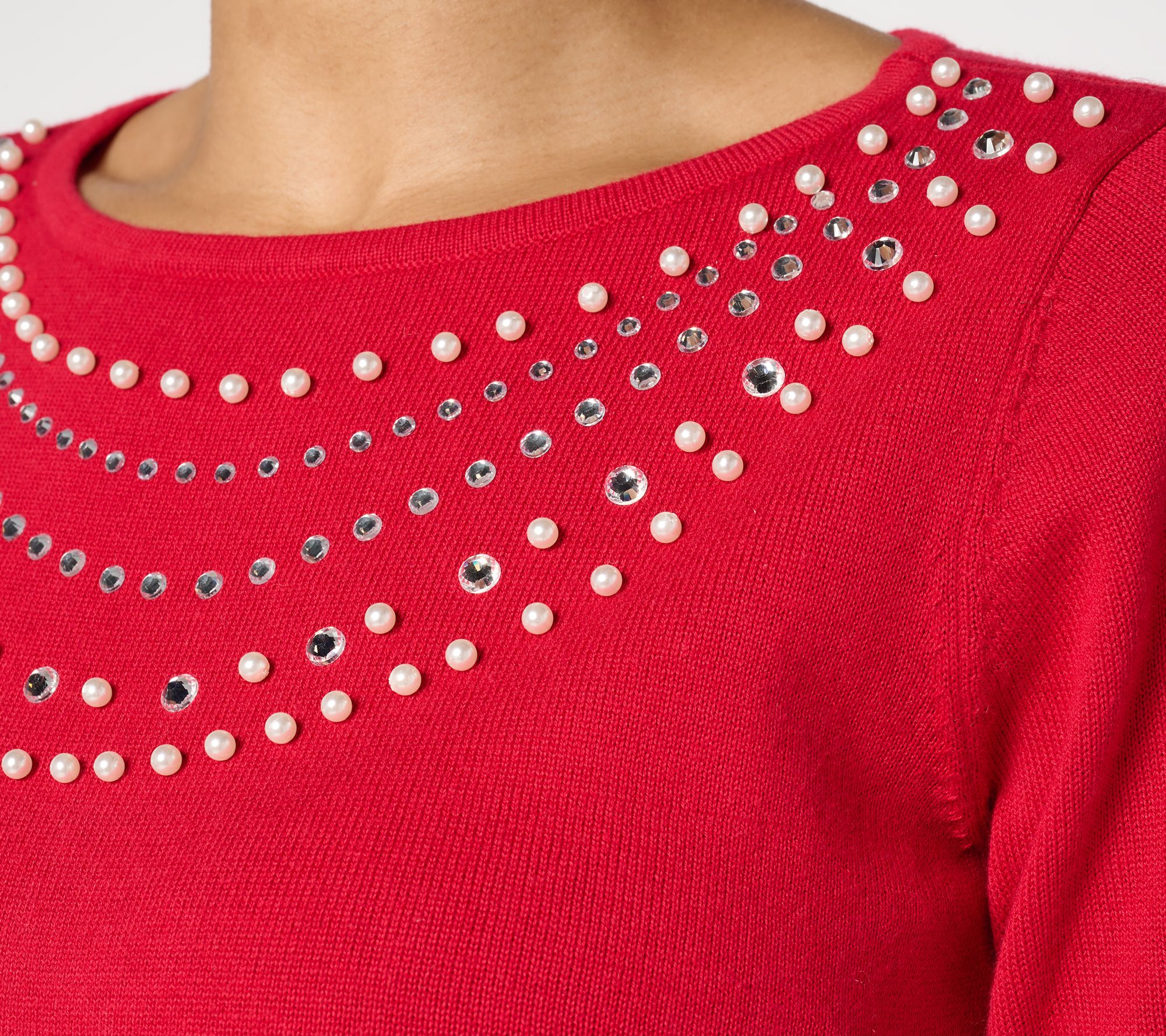 Quacker Factory Pearl and Rhinestone Necklace Long Sleeve Sweater