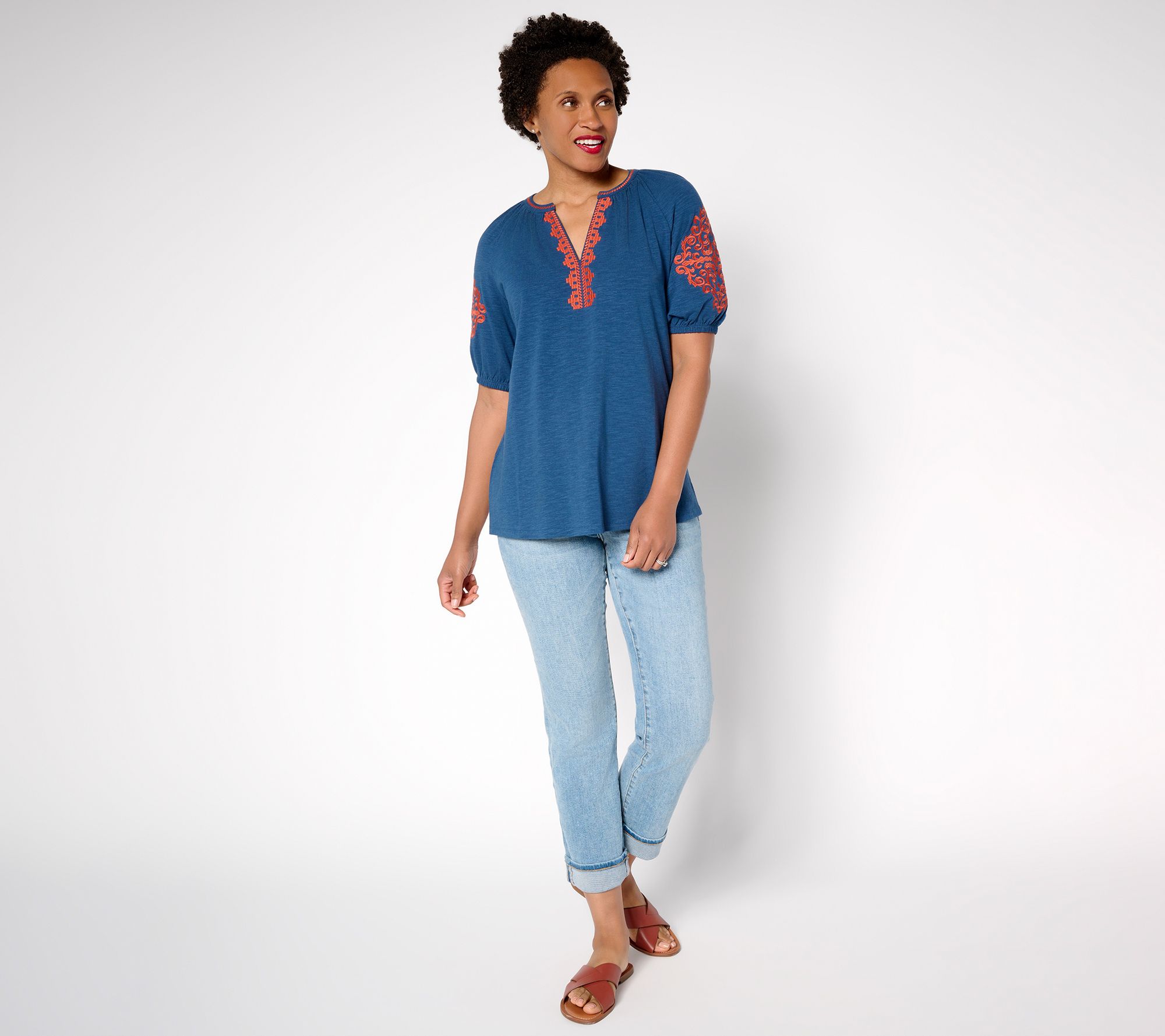 Belle Boho by Kim Gravel Slub Knit Elbow Sleeve Embroidered Top