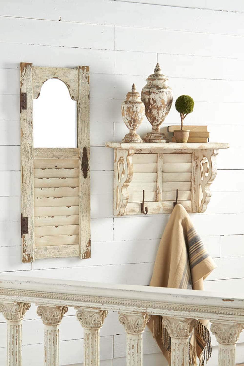 K&K Interiors 13482A 43.5 Inch Distressed White Wood Shutter Panel W/Inset Mirror