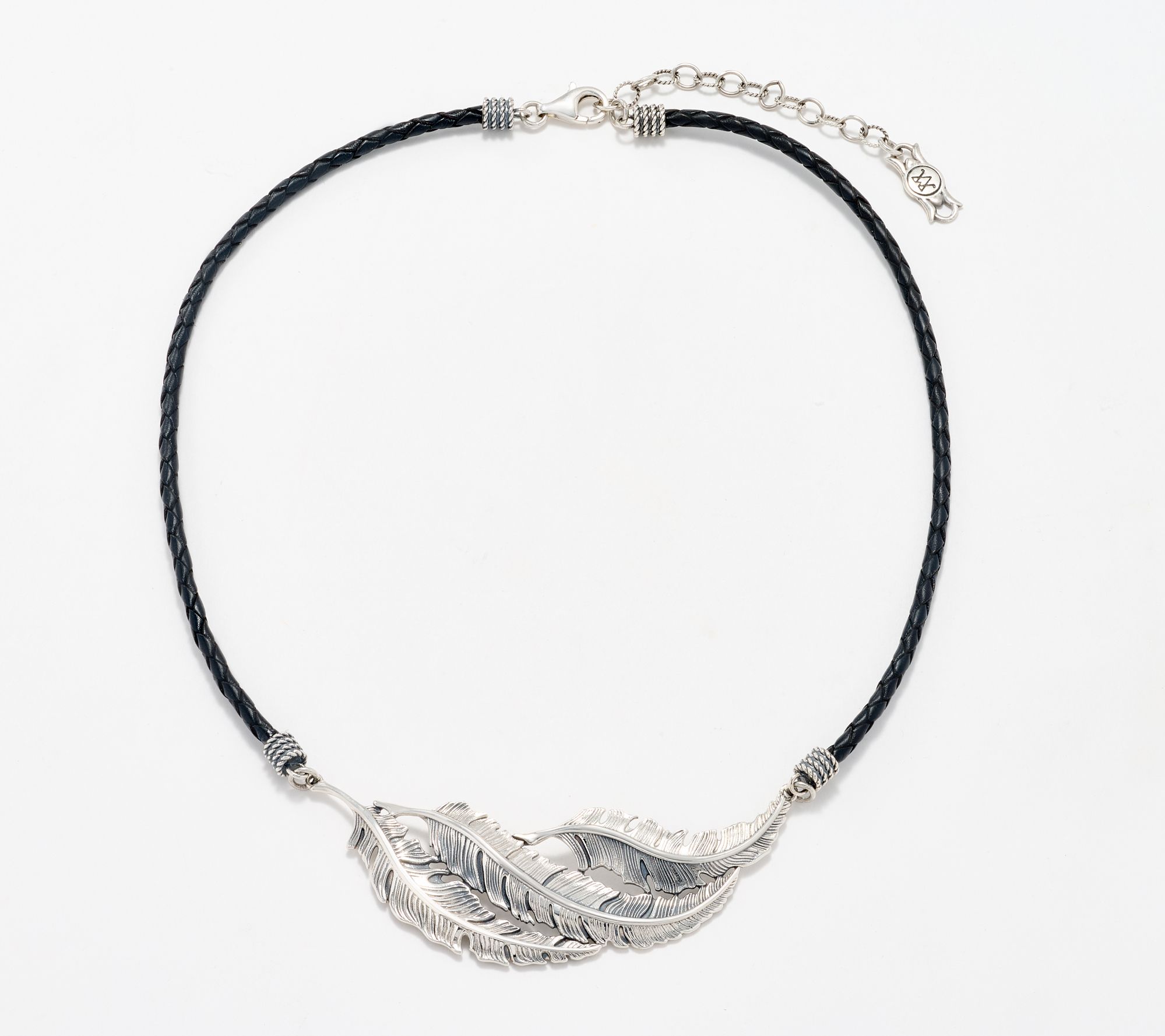 American West Sterling Silver Braided Leather Feather Necklace