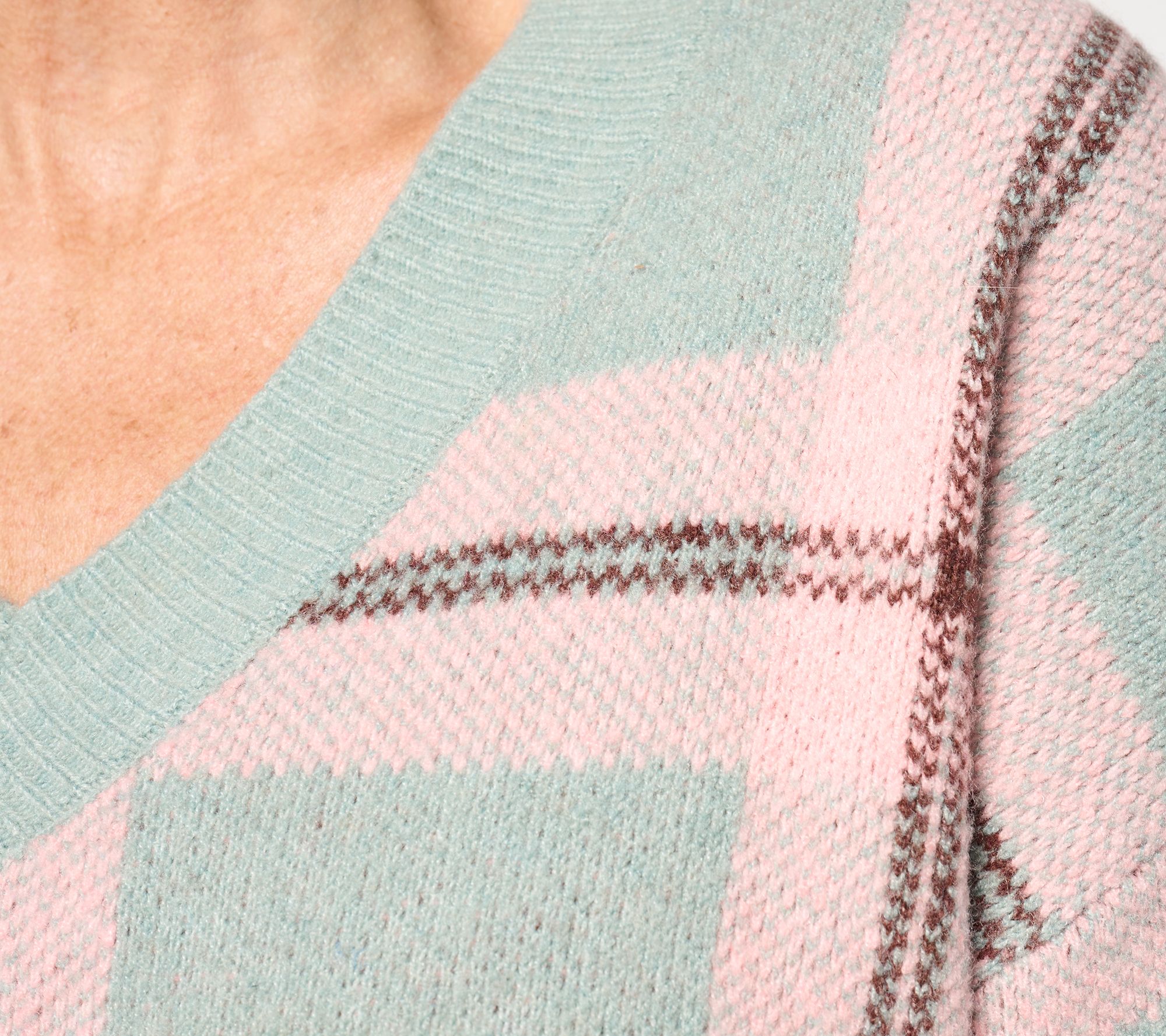 AnyBody Plaid Intarsia V-Neck Sweater