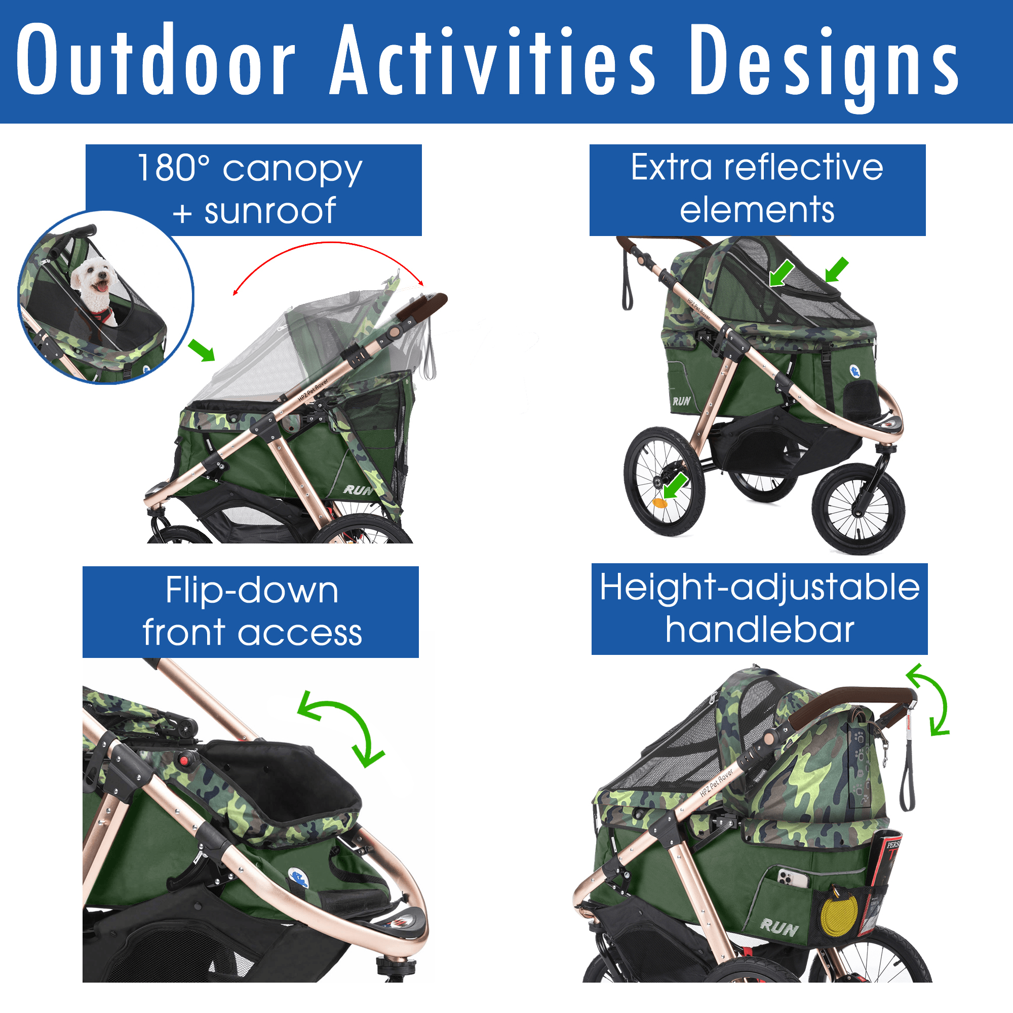 HPZ™ PET ROVER RUN Performance Jogging Sports Stroller for Small/Medium Dogs, Cats and Pets (Green Camo)
