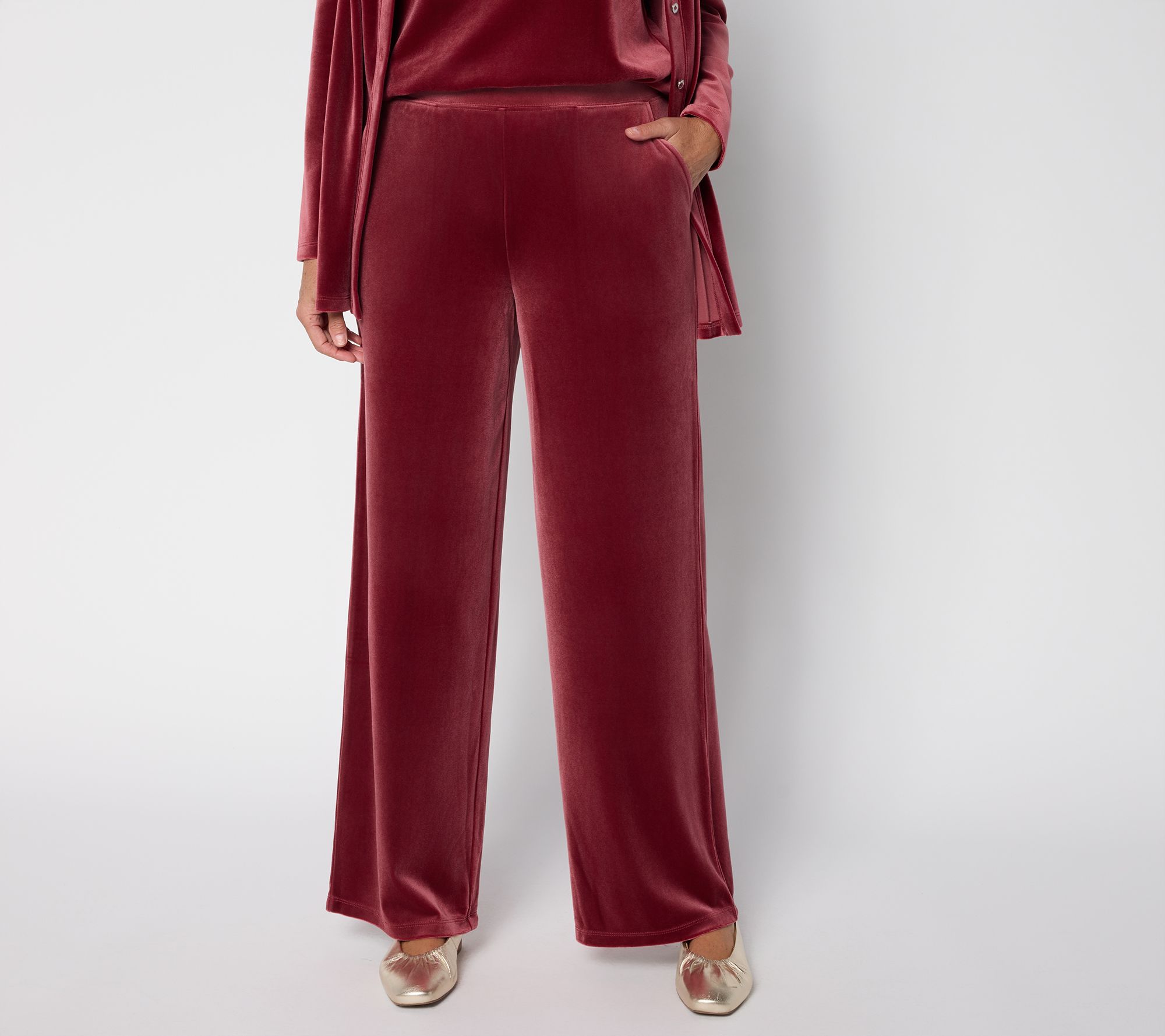 Denim & Co. Petite Knit Velvet Full Length Wide Leg Pant