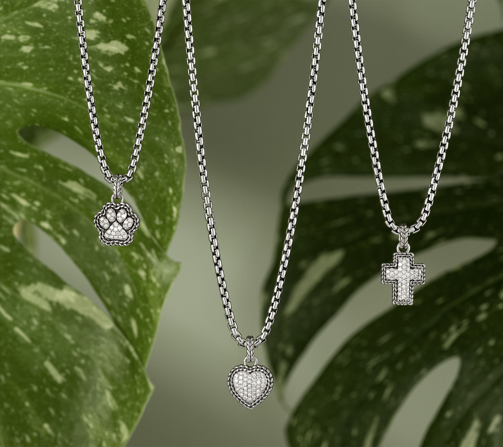 JAI Sterling Silver Diamond Pave Symbol Box Chain Necklace