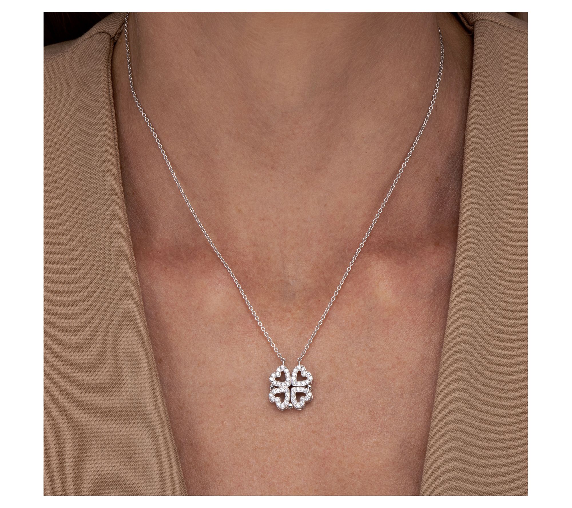 Diamonique Heart Clover Necklace, Sterling Silver