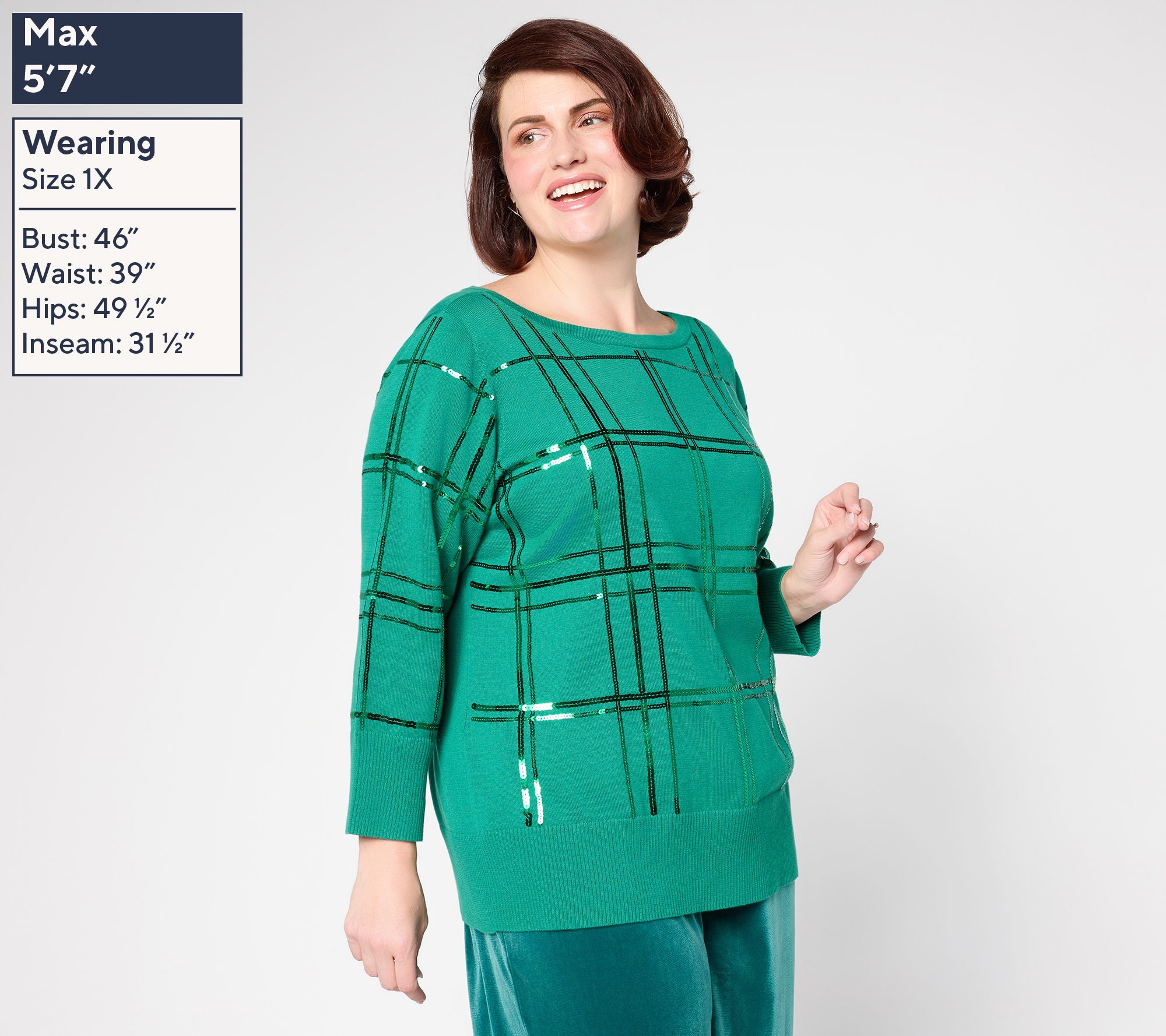 Denim & Co. Plaid Sequin Boat Neck Bracelet Sleeve Sweater