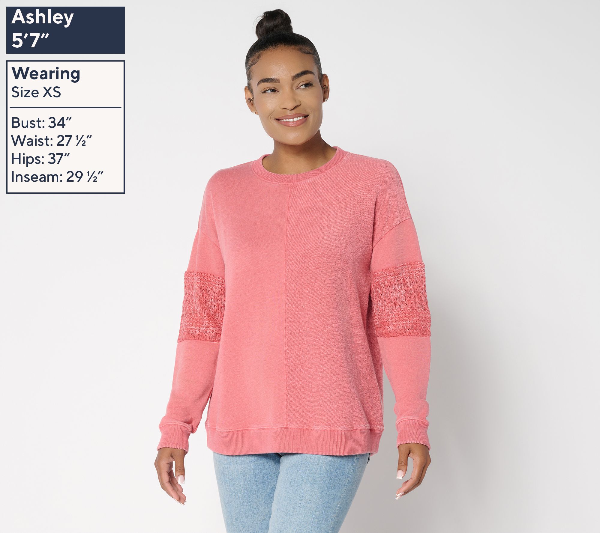 Denim & Co. Canyon Retreat Lace Sleeve Washed Sweatshirt