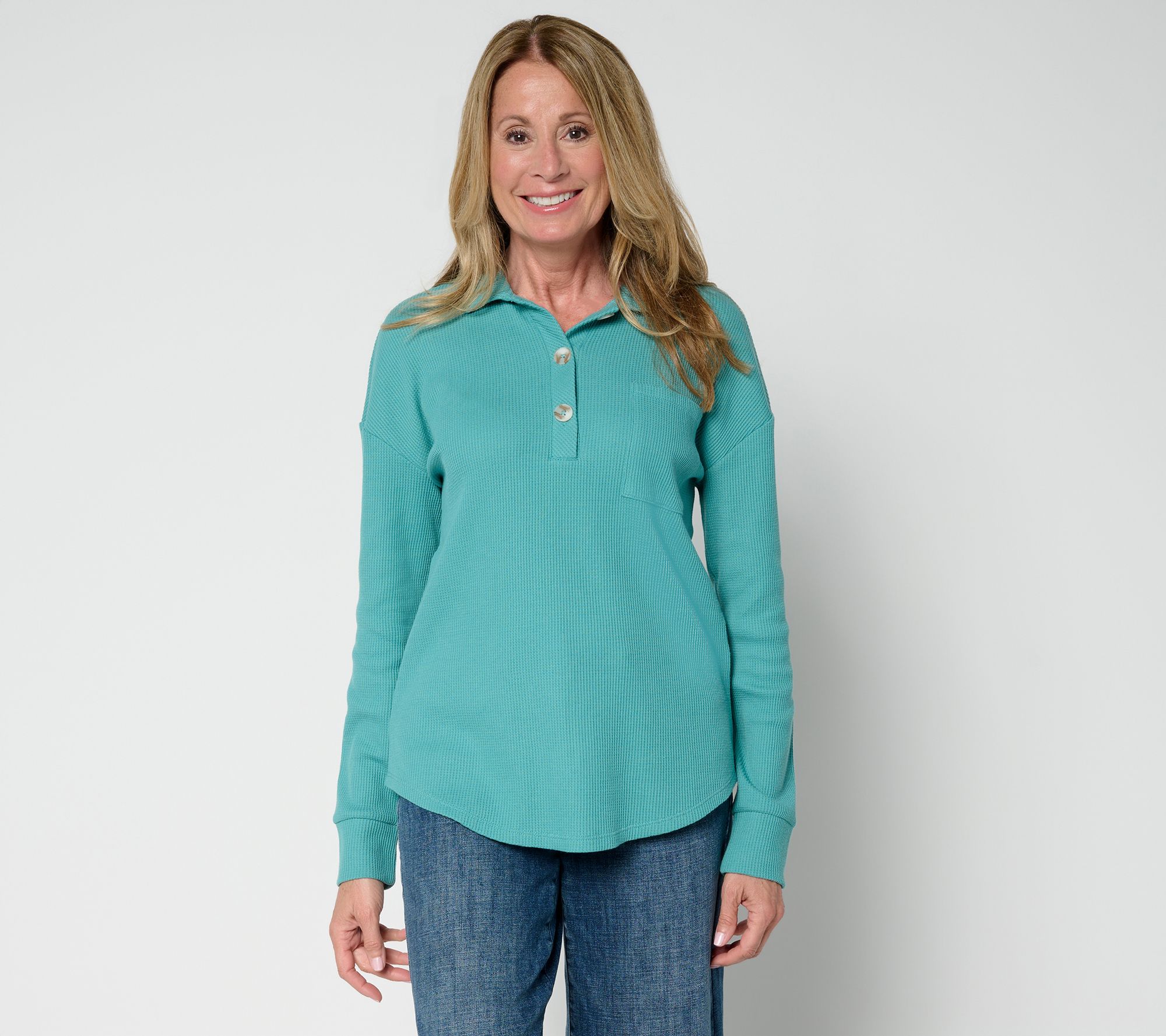 Belle by Kim Gravel Micro Waffle Horn Button Henley Top