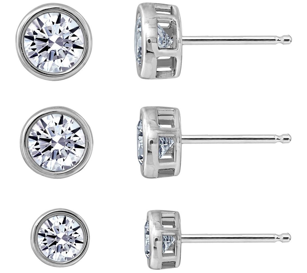 Diamonique 3.00cttw Sterling Bezel Solitaire Stud Earrings Set