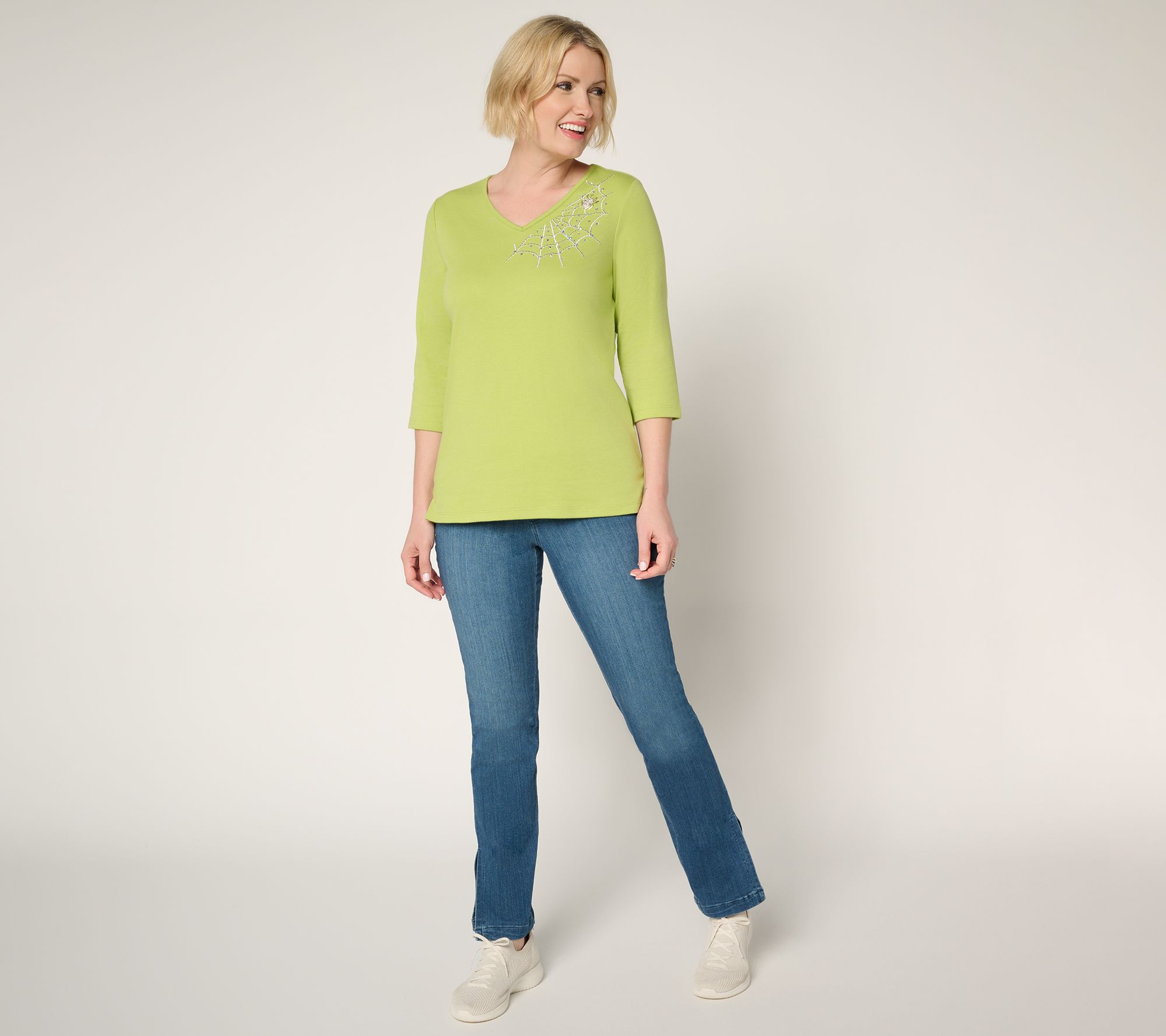 Quacker Factory The Web Embroidered V-Neck 3/4 Sleeve Top