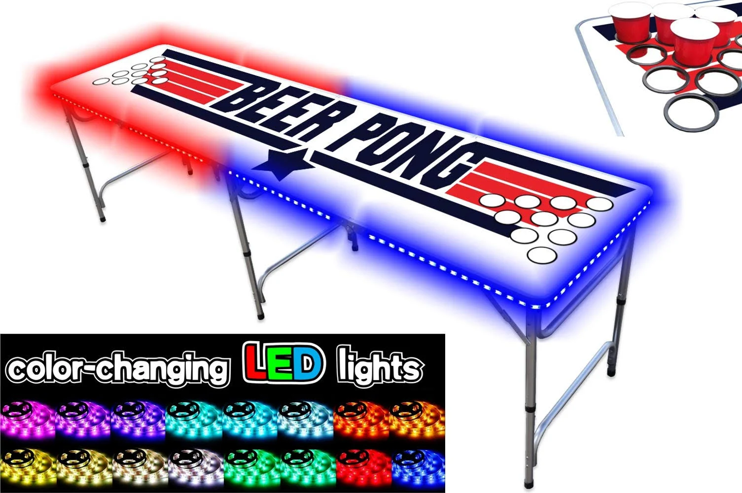 PartyPongTables.com 8-Foot Beer Pong Table w/Optional Cup Holes u0026 LED Lights - 8 Table Designs Available