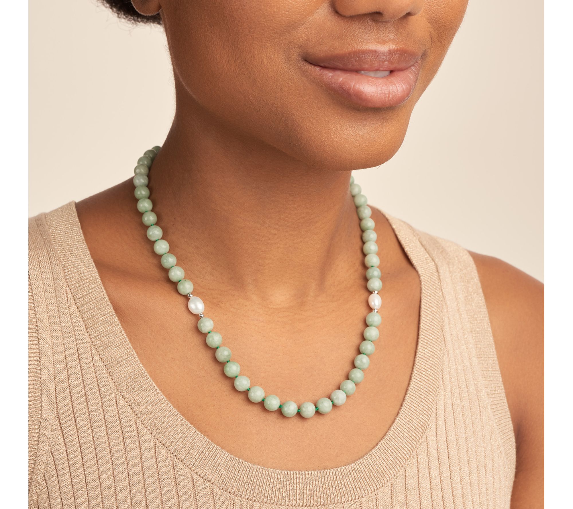Dynasty Jade Bead & Cultured Pearl Necklace, Sterling Silver