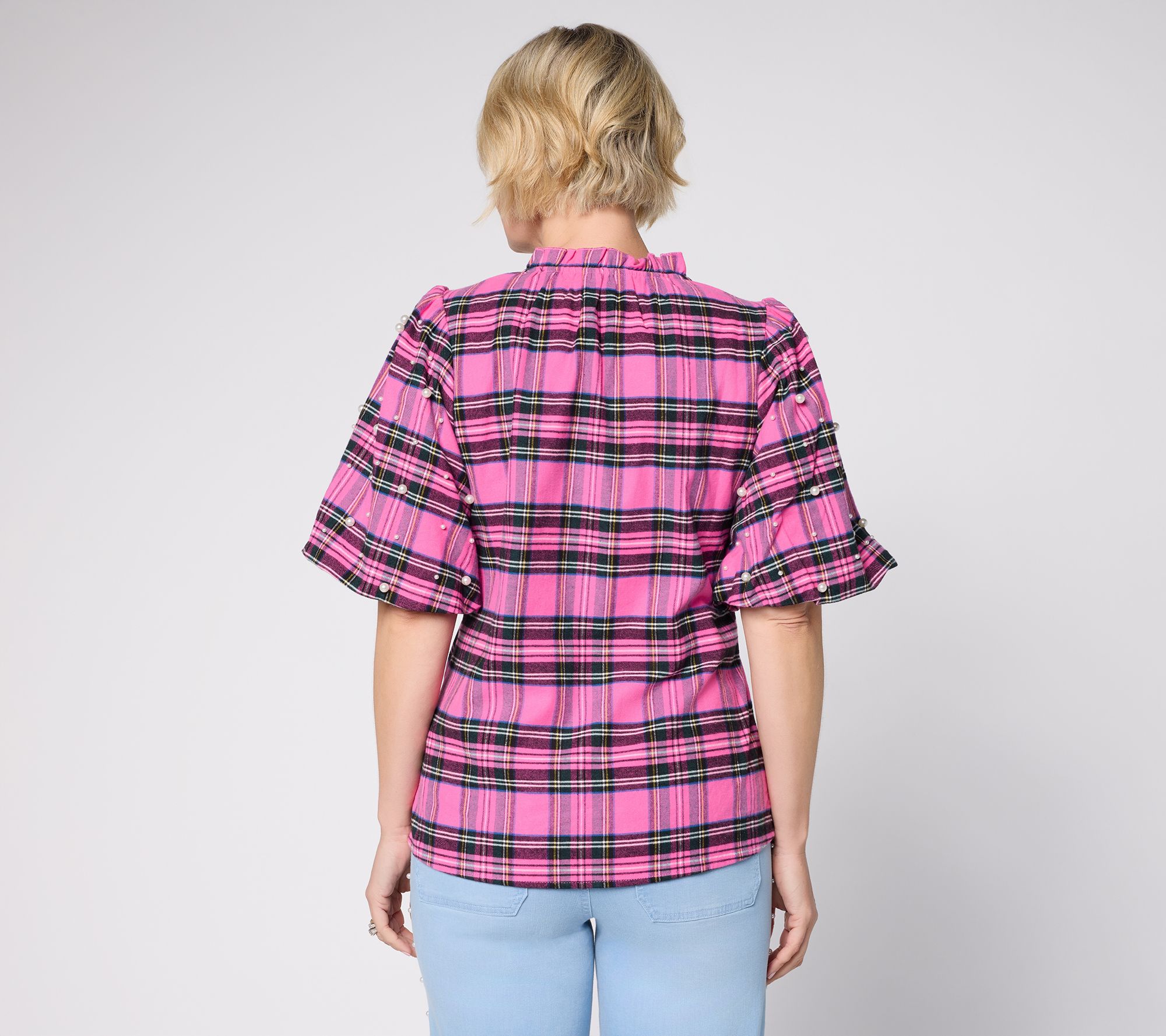 Jingle Belles by Kim Gravel Stretch Tartan Pearl Trimmed Top