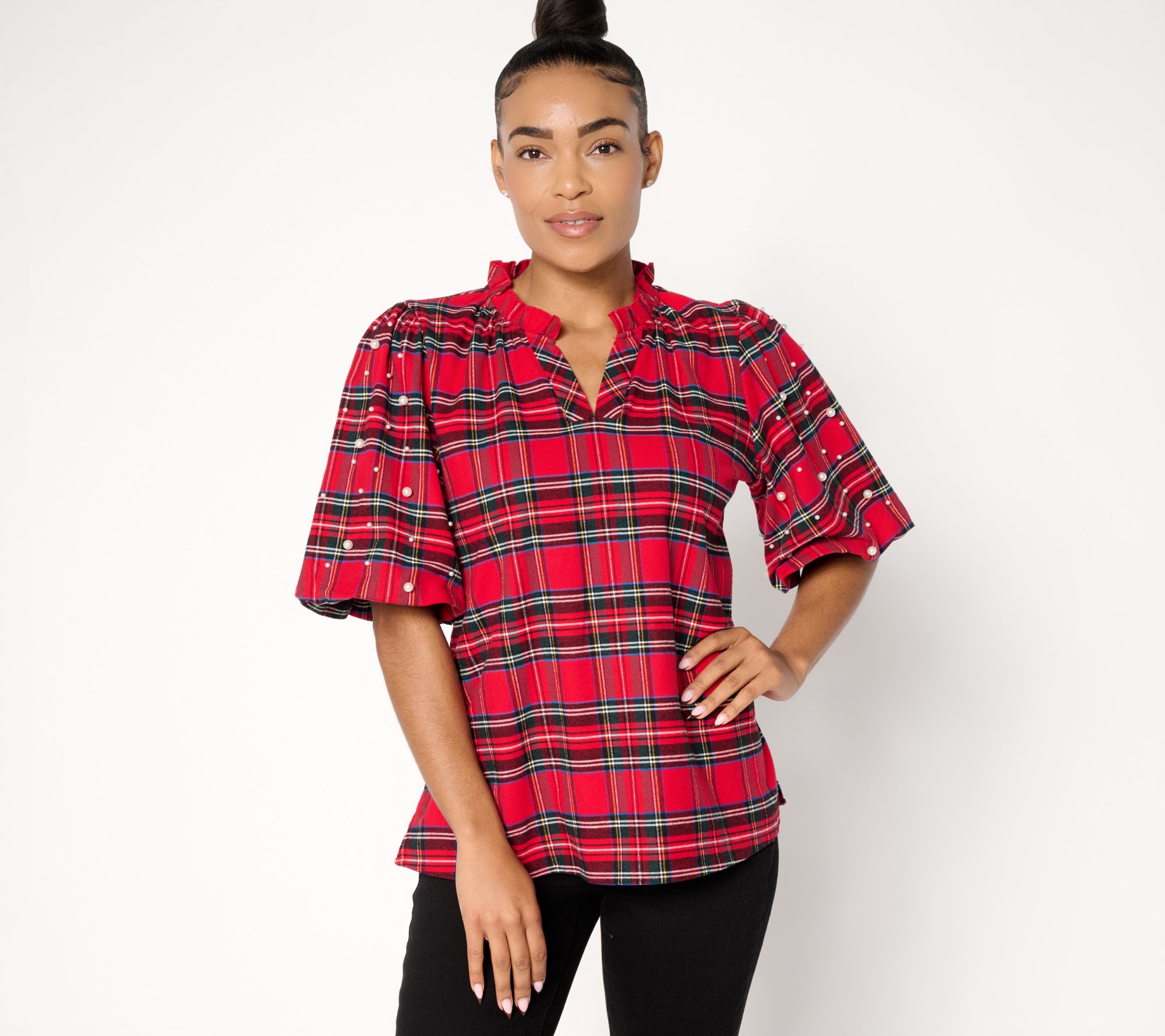 Jingle Belles by Kim Gravel Stretch Tartan Pearl Trimmed Top