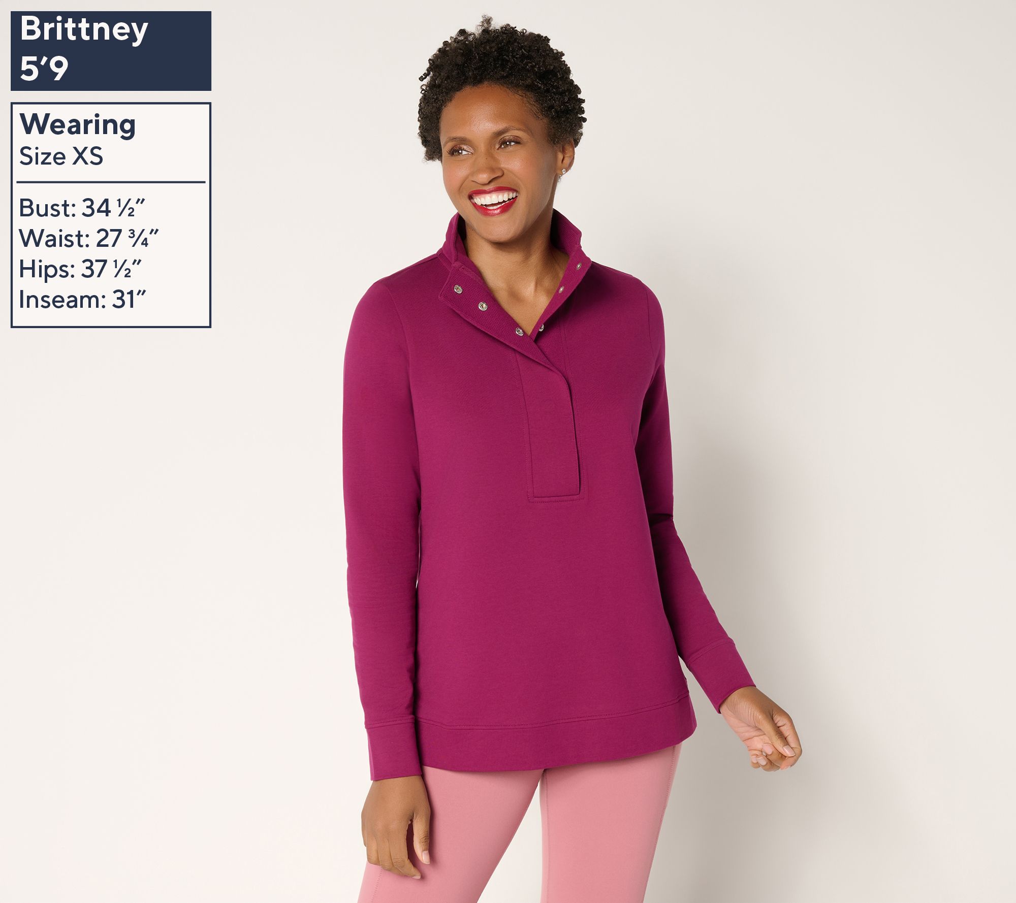 Denim & Co. Active French Terry Snap Top with Waffle Collar