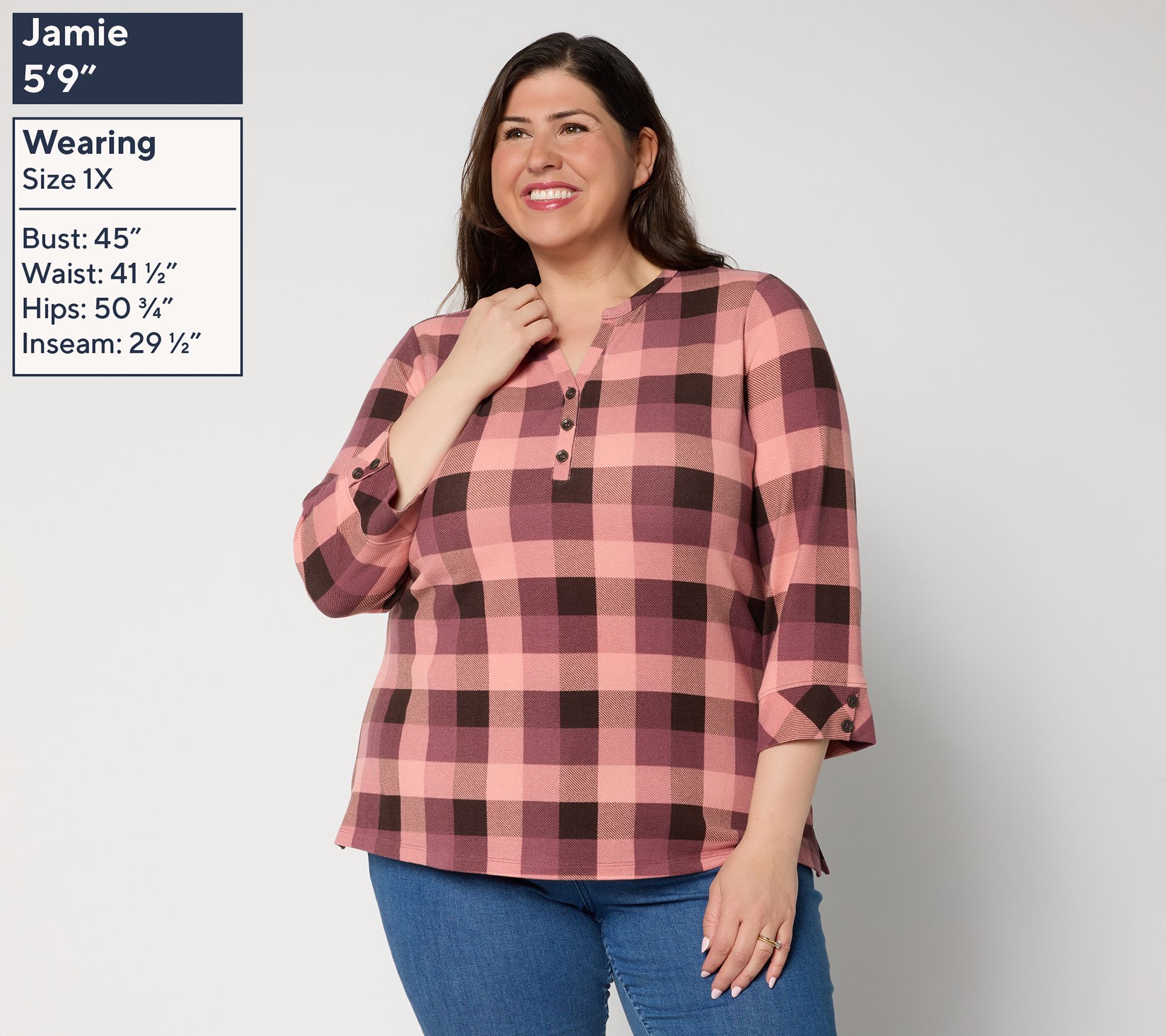 Denim & Co. Heavenly Jersey 3/4 Sleeve Plaid Henley Top