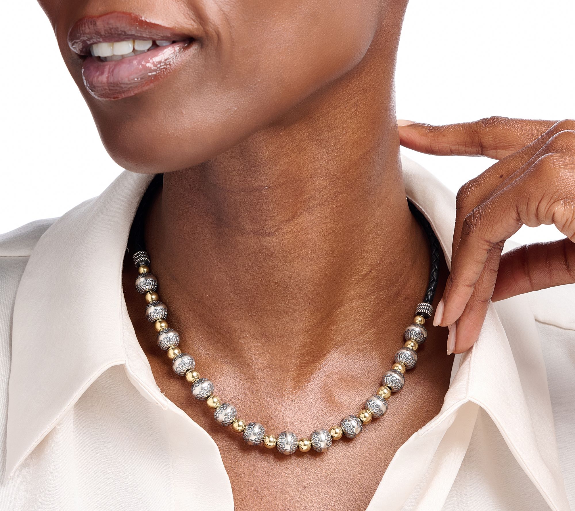 American West Sterl & TwoTone Native Pearl & Leather Necklace