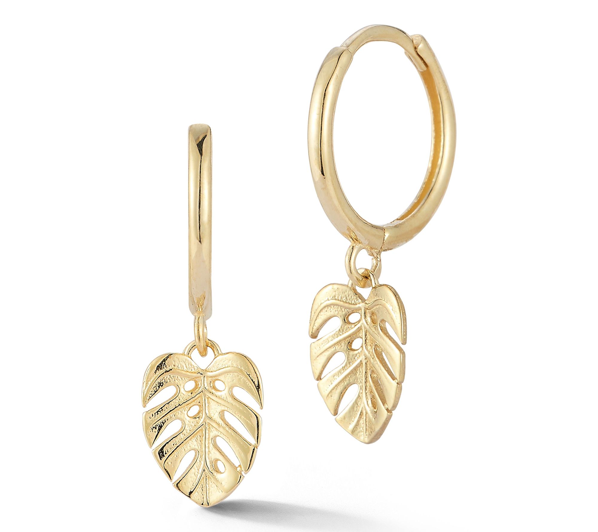 Luminosa Gold Monstera Charm Huggie Hoop Earrings, 14K