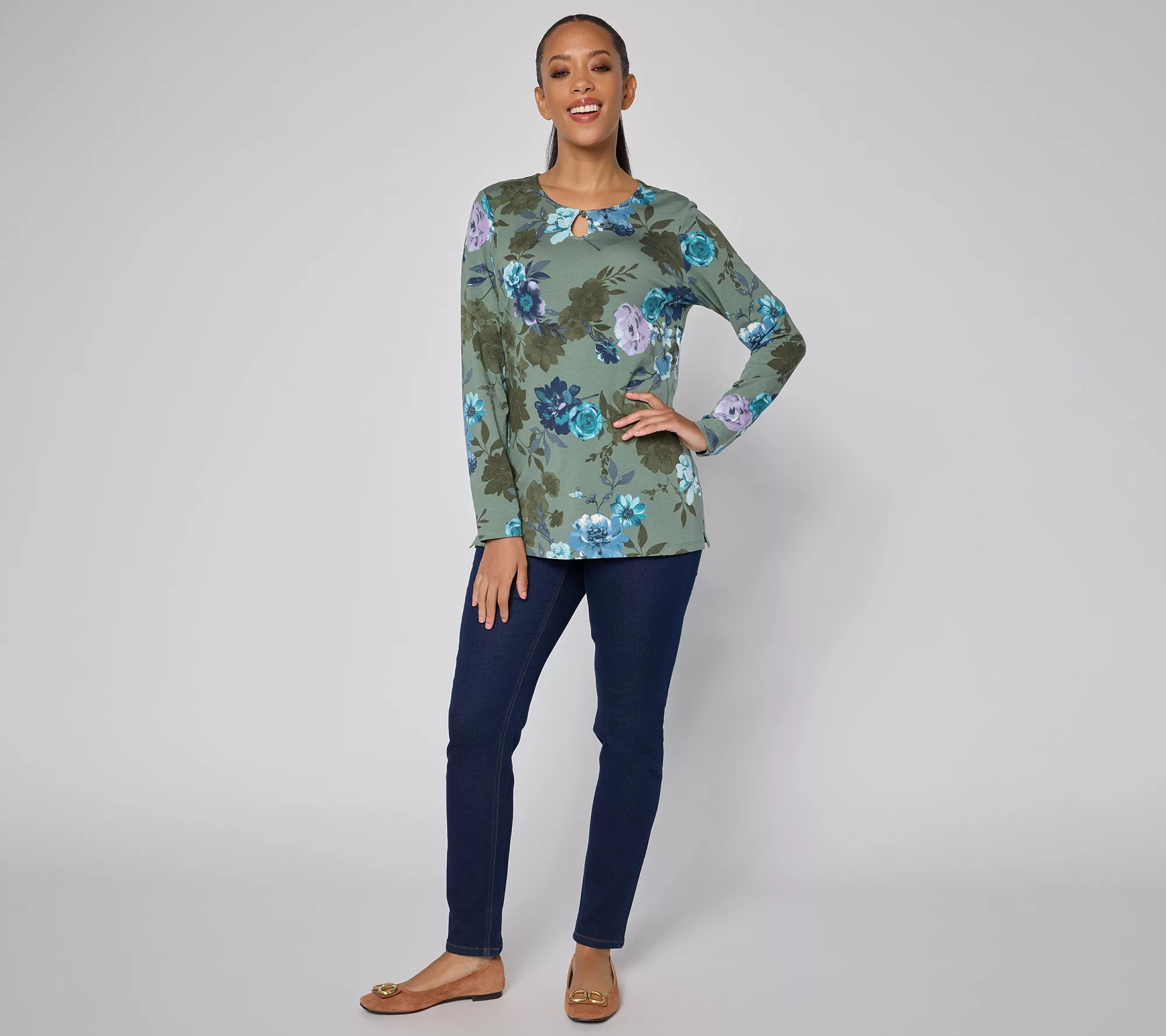 Denim & Co. Printed So Soft Jersey Keyhole Top