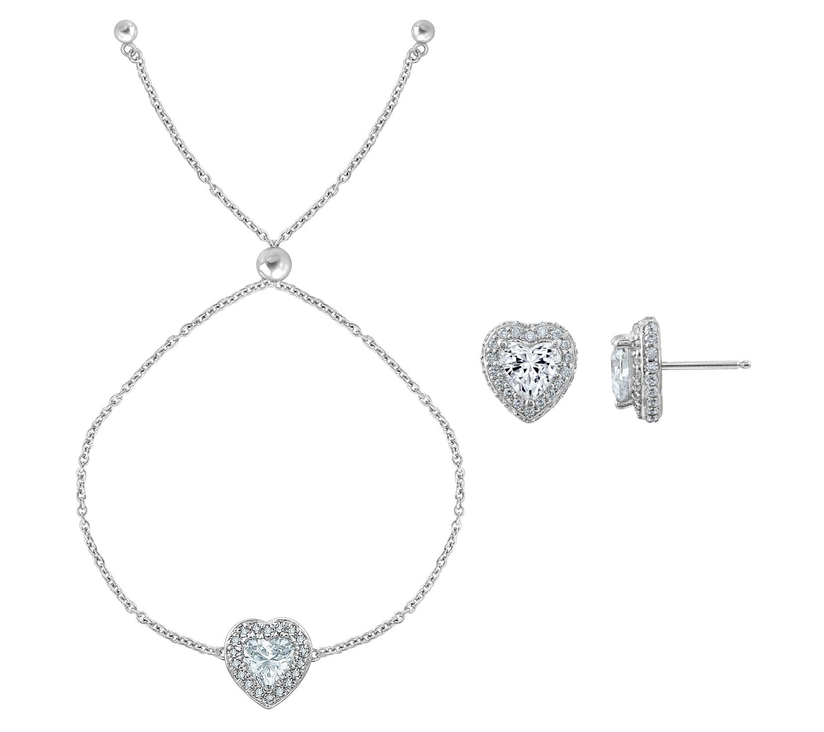 Diamonique Heart Bracelet & Stud Earrings Set,Sterling Silver