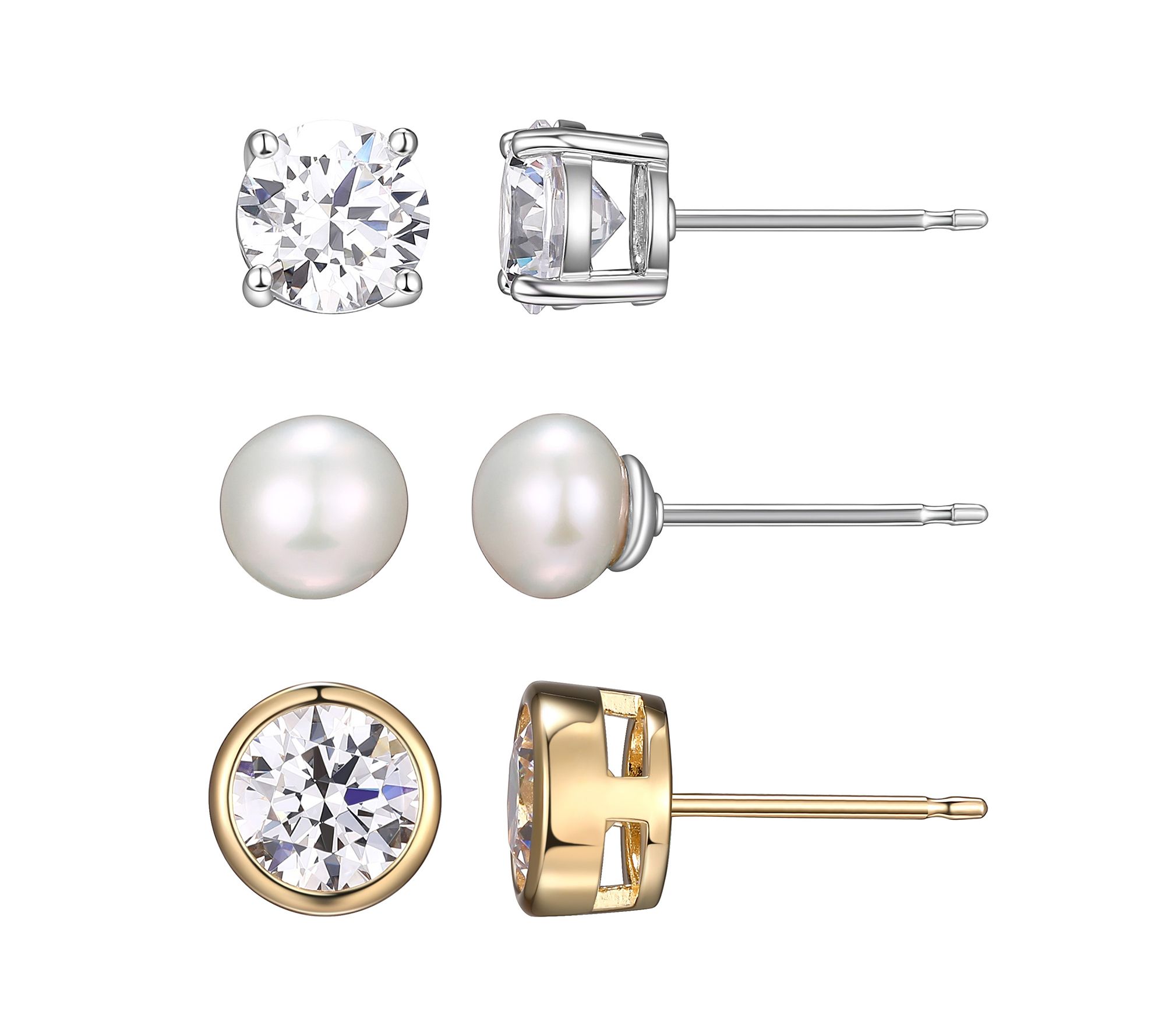 Diamonique Set of 3 Stud Earrings, Sterling Siler