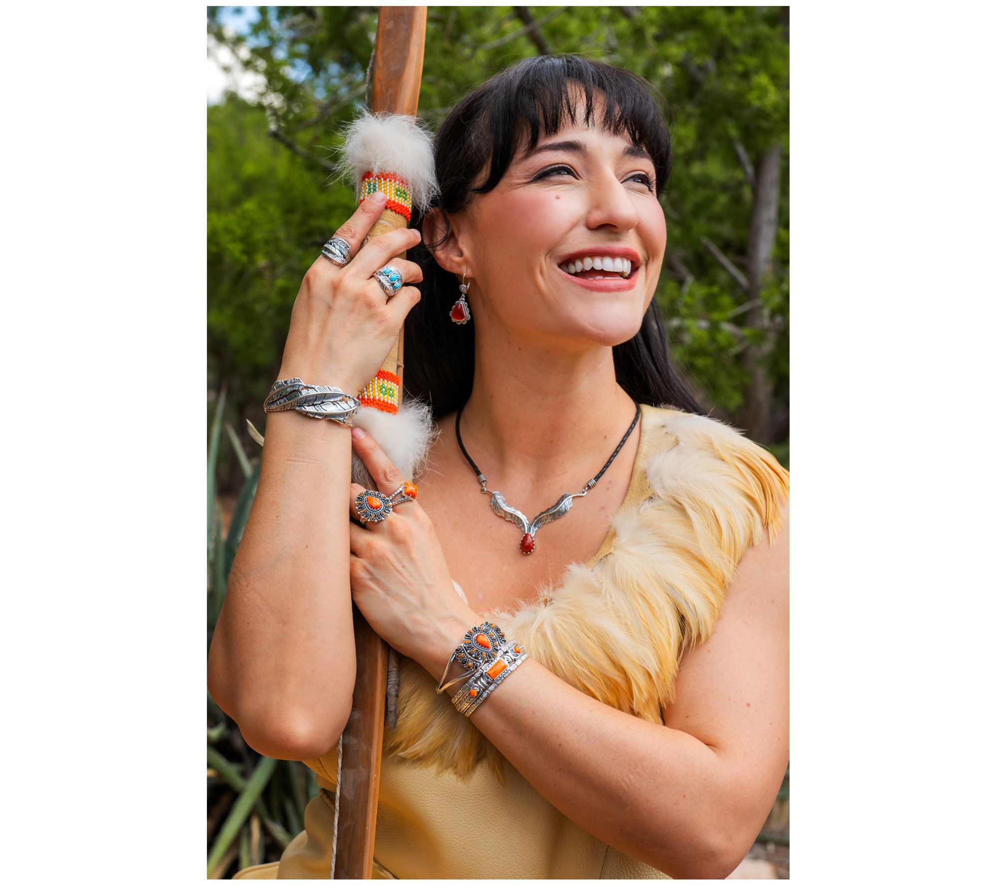 American West Sterl Feather Gemstone Leather Necklace