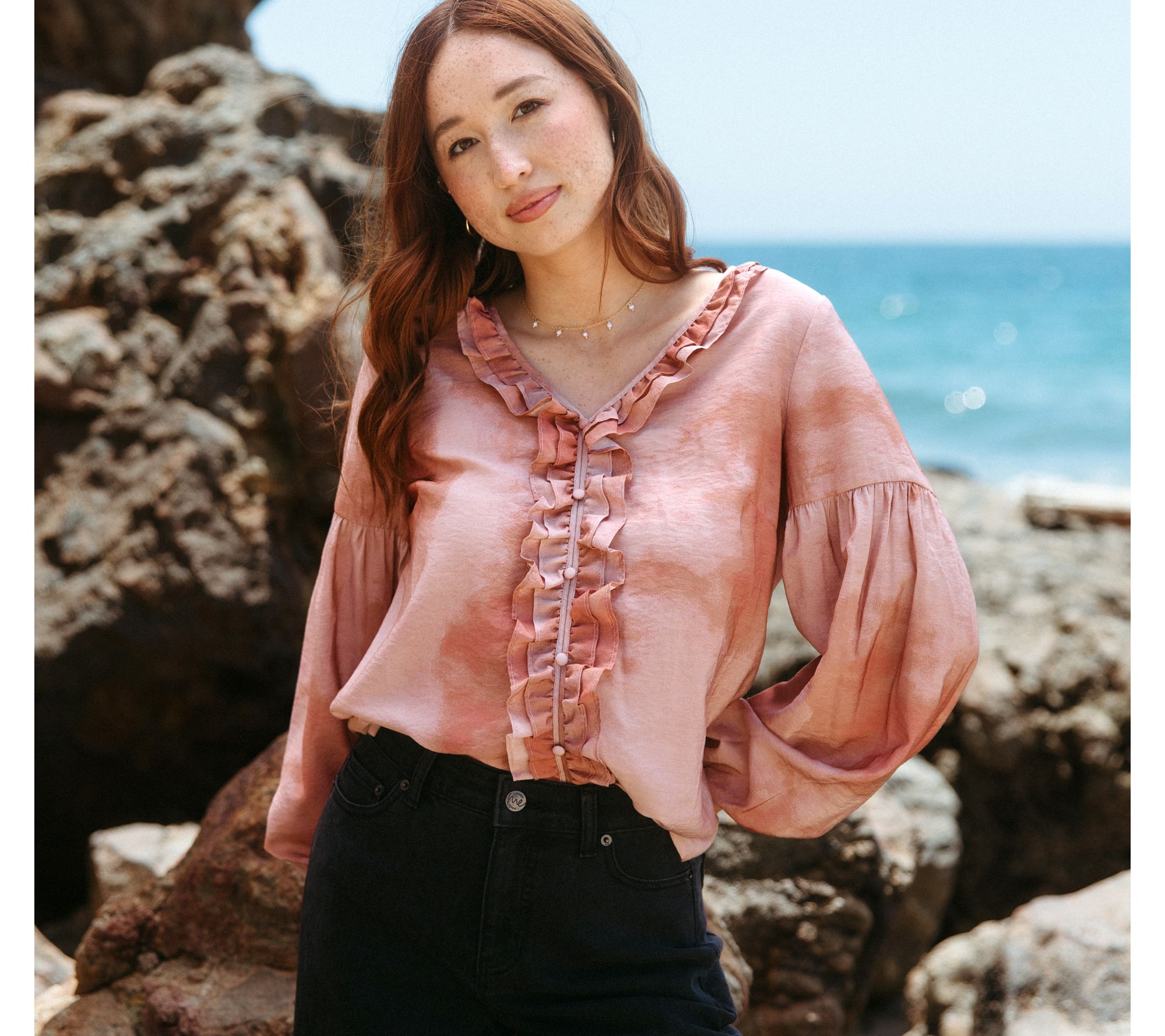 Me by Jennie Garth Bodie Printed Blouse with Ruffle Neckline