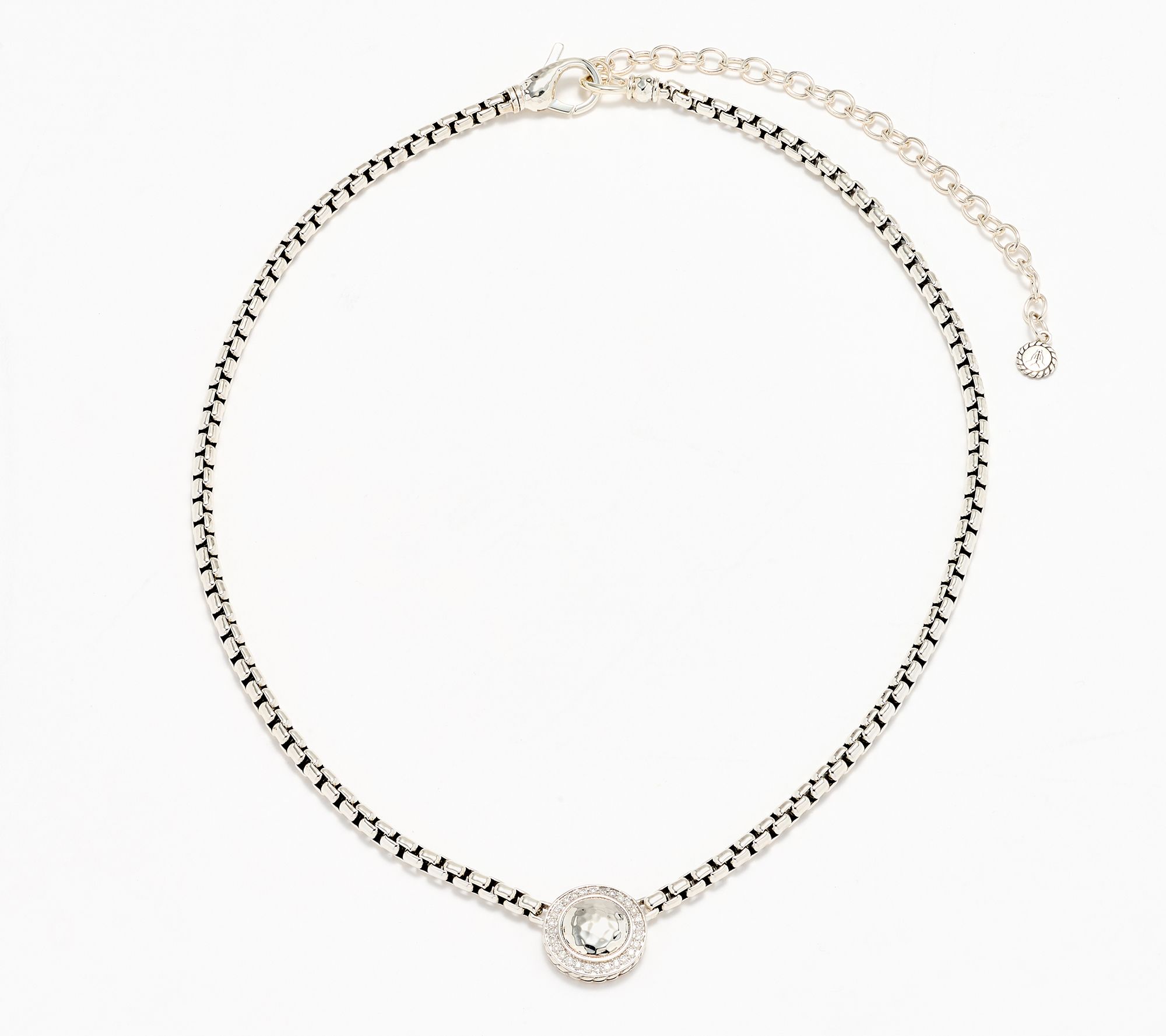 JAI Sterling Silver Hammered Disk & Diamond Box Chain Necklace
