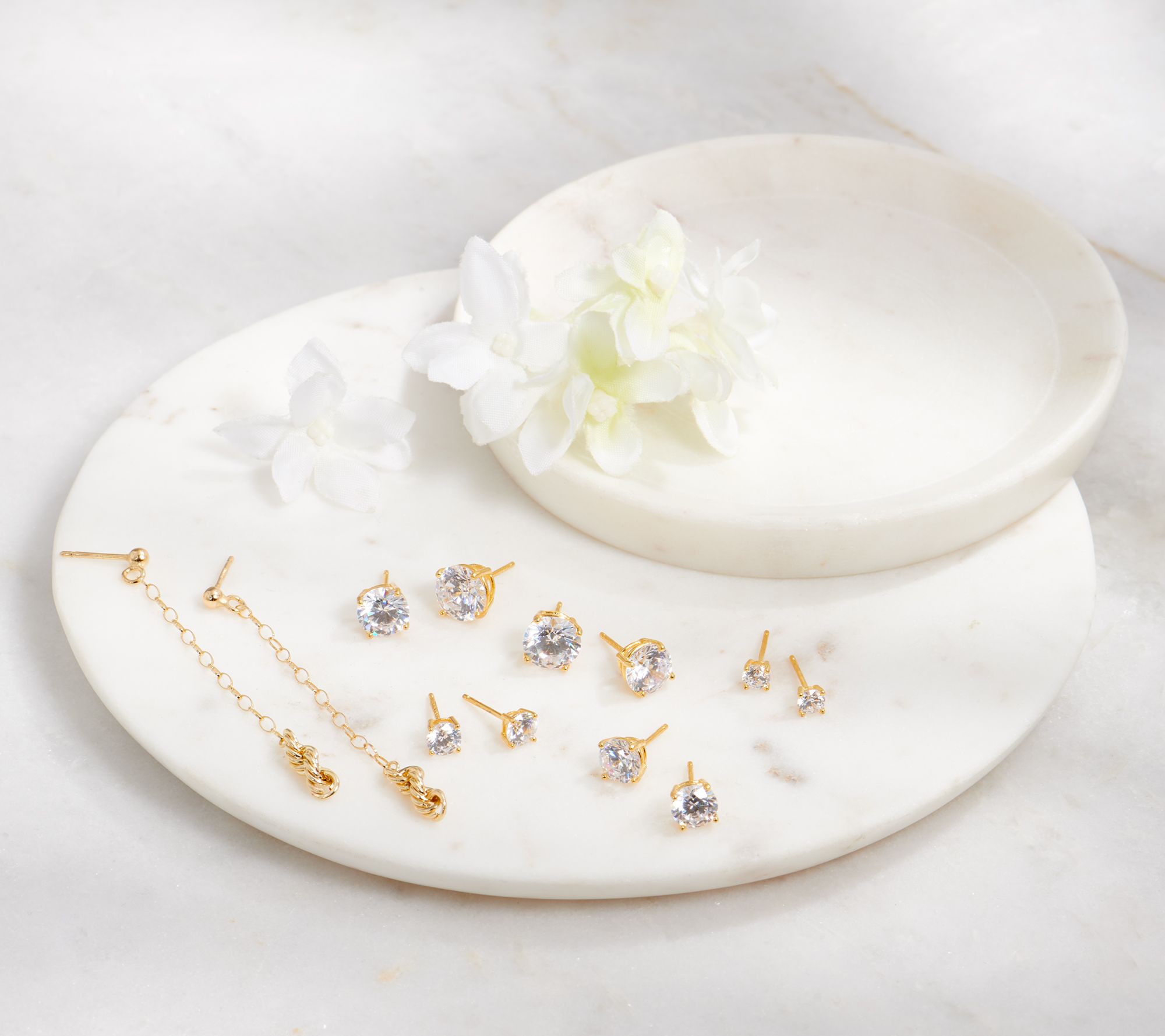 Diamonique Set of 5 Stud Earrings, Sterling or 14K Plated, Boxed