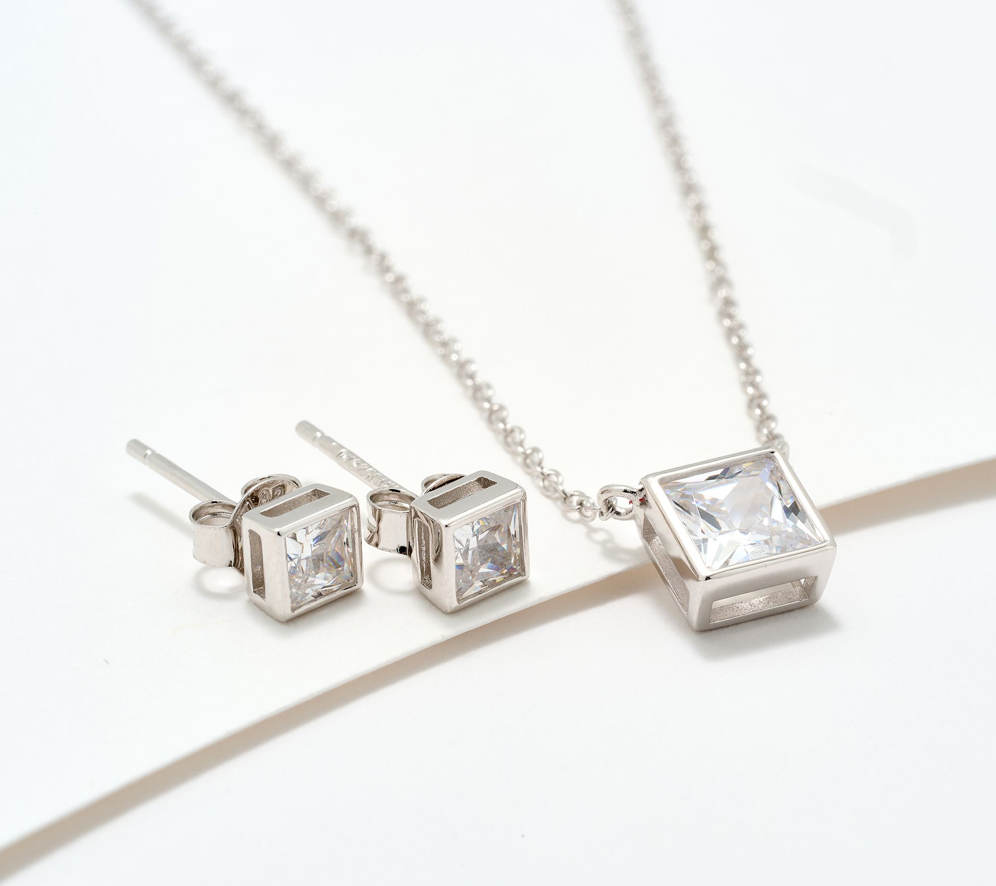 Diamonique Necklace & Stud Earrings Boxed Set, Sterling Silver