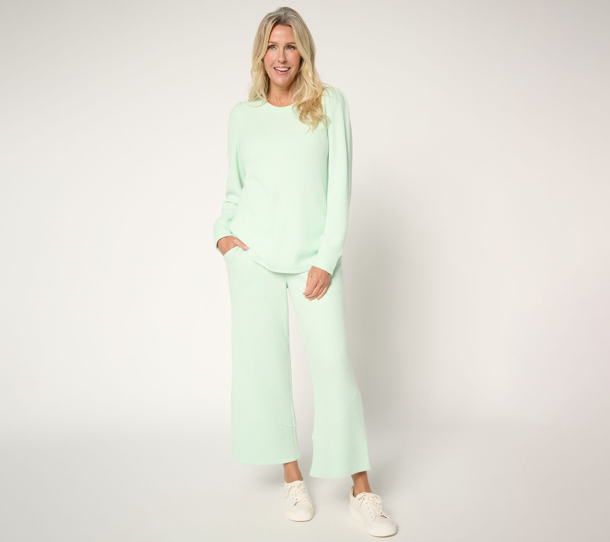 AnyBody Brushed Waffle Knit Crew Neck Top with Tall Cuff