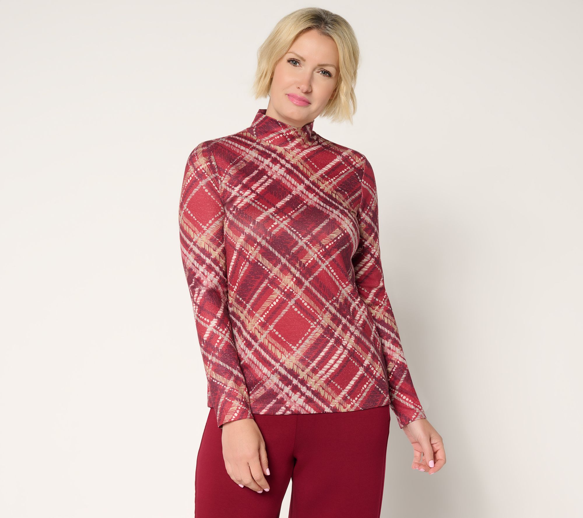 Susan Graver Printed Metallic Knit Mock Neck Top