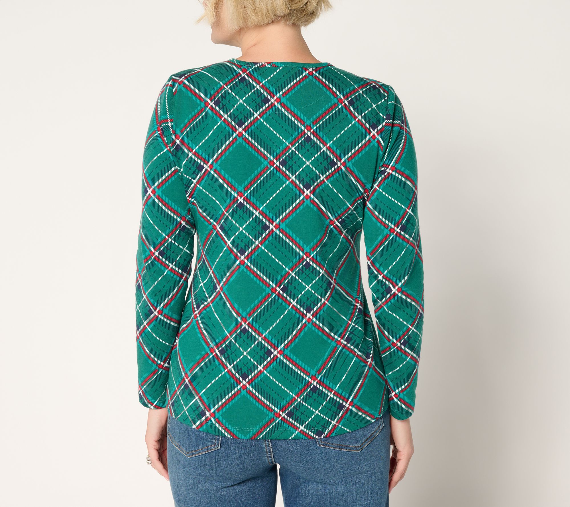 Denim & Co. Plaid Perfect Jersey Crew Neck Top