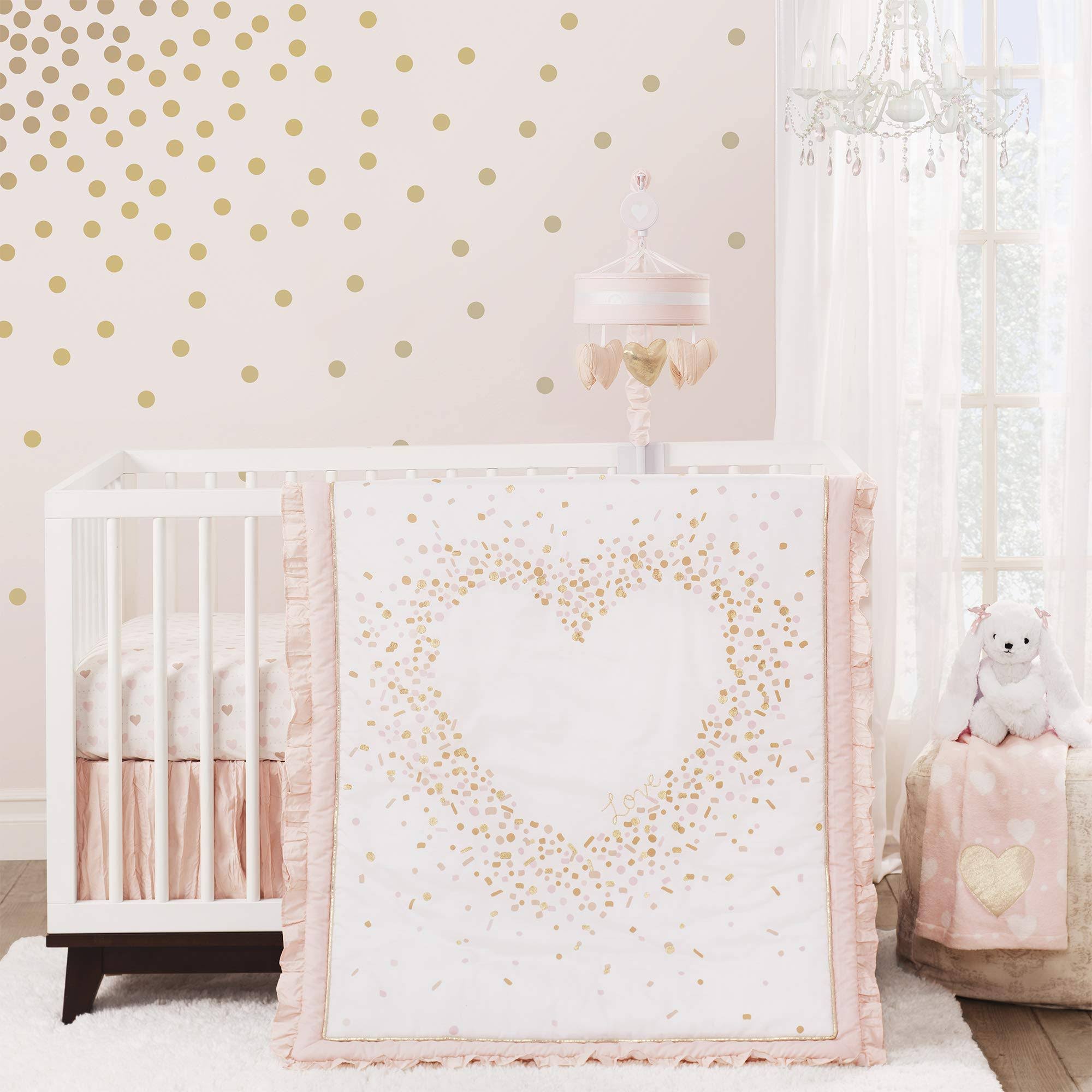 Sweetheart Pink/Gold/White Confetti Hearts Nursery 3-Piece Baby Crib Bedding Set - Lambs u0026 Ivy