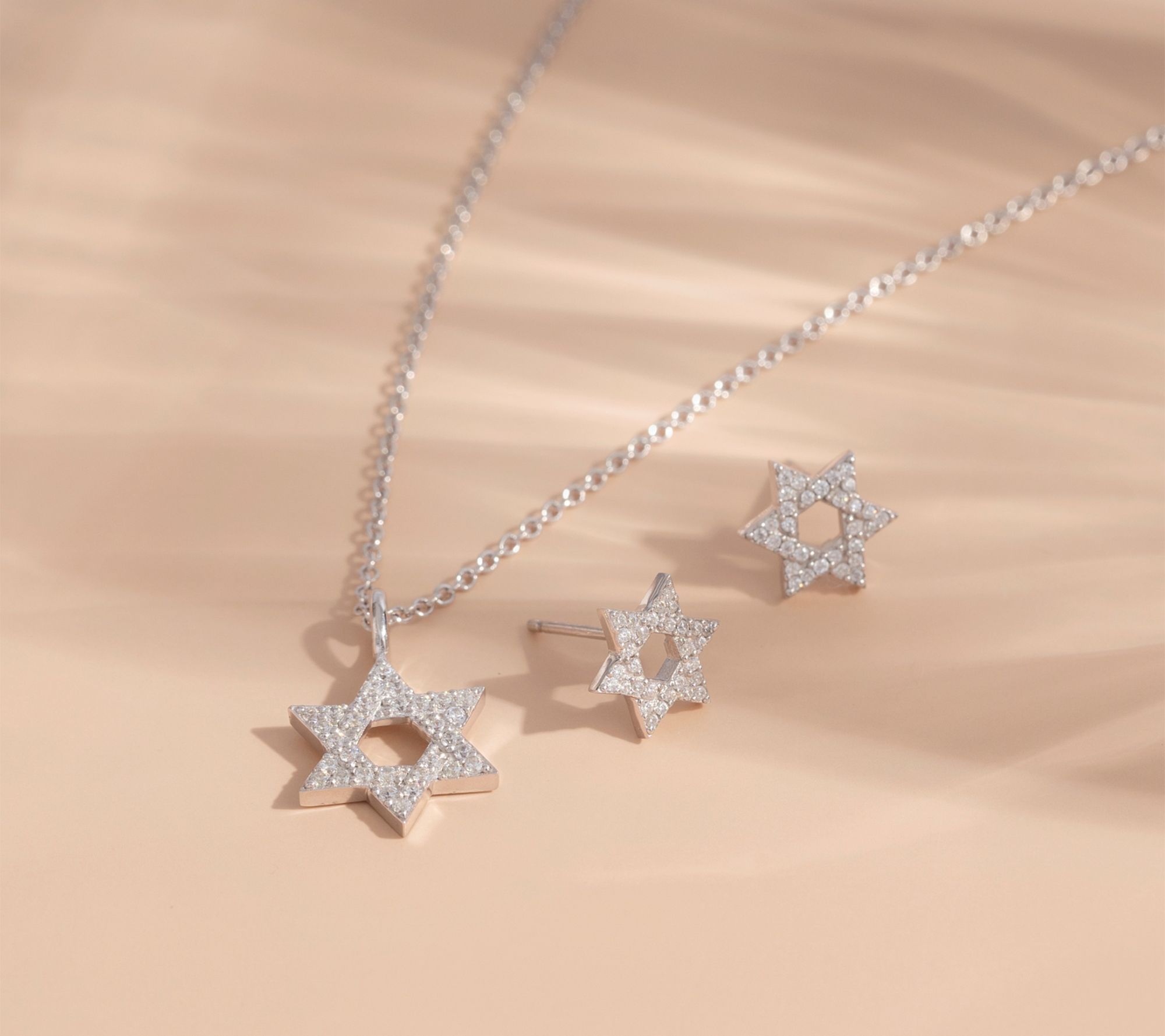 Diamonique Star of David Necklace & Earrings Set, Sterling