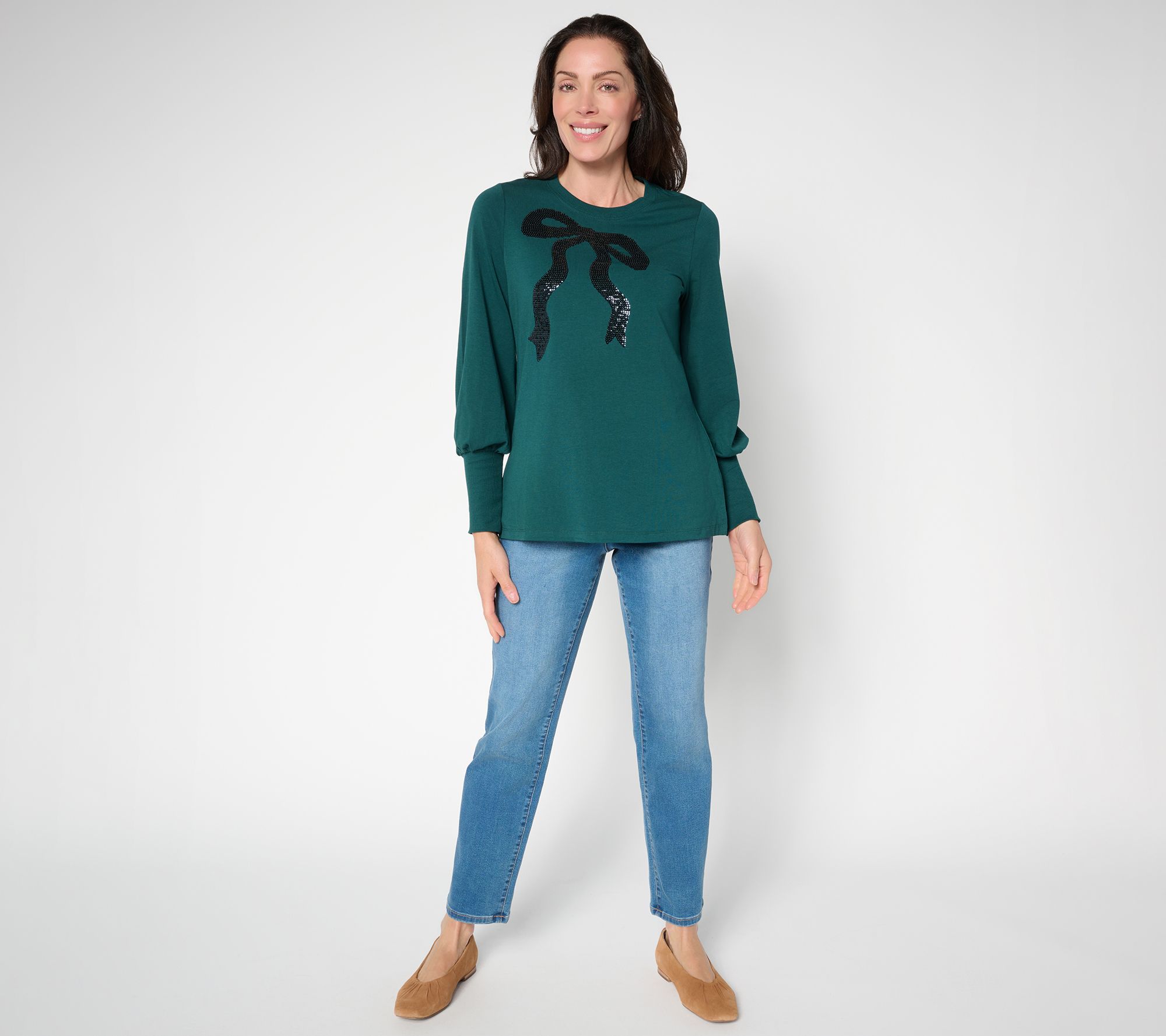 Jingle Belles by Kim Gravel TripleLuxe Knit Bow and Behold Sequin Top