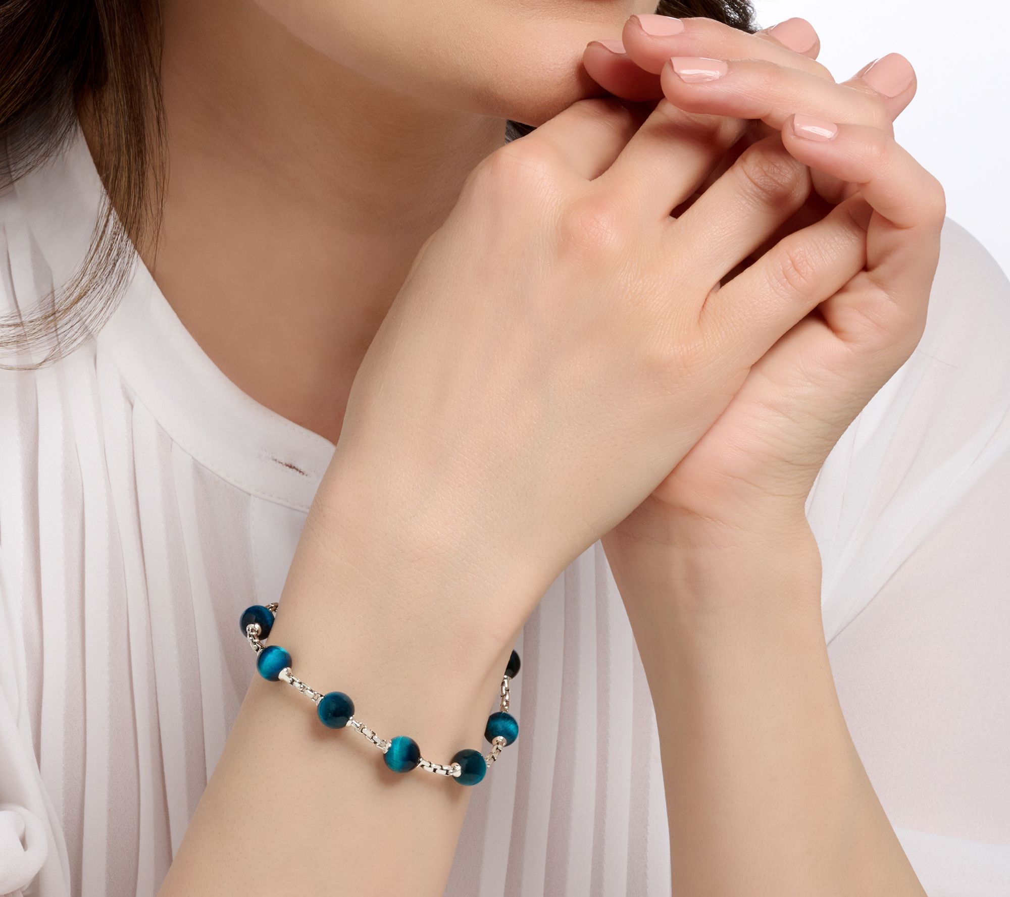 JAI Sterling Silver Gemstone Bead 2.7mm Box Chain Bracelet