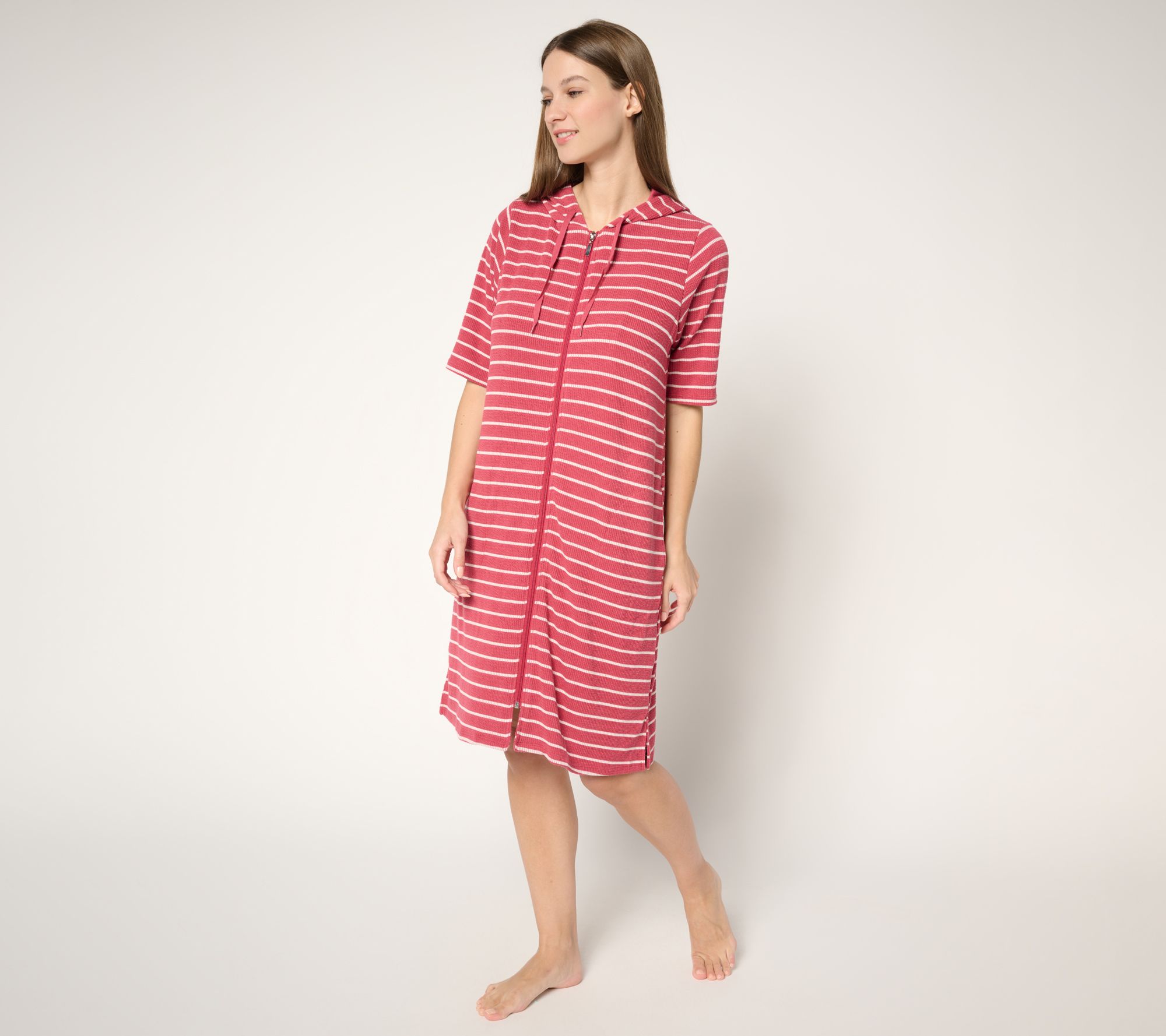 Stan Herman Stripe Double Knit Crinkle Rib Hooded Zip Lounger