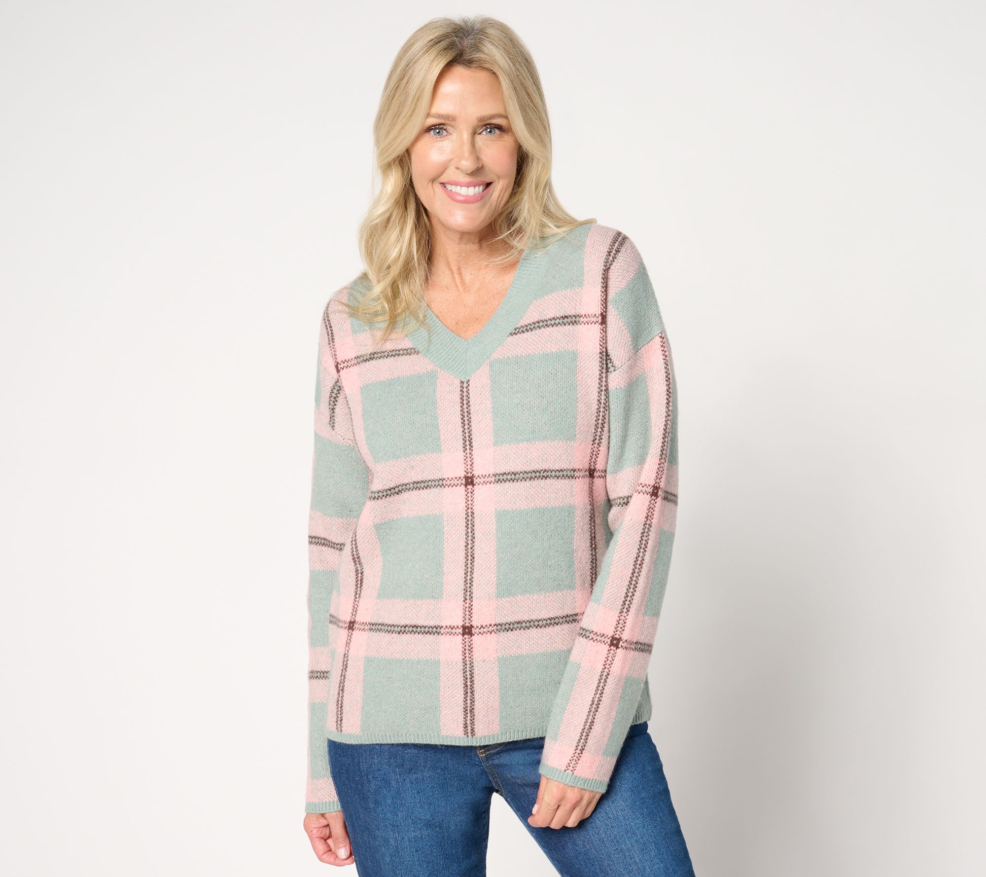 AnyBody Plaid Intarsia V-Neck Sweater