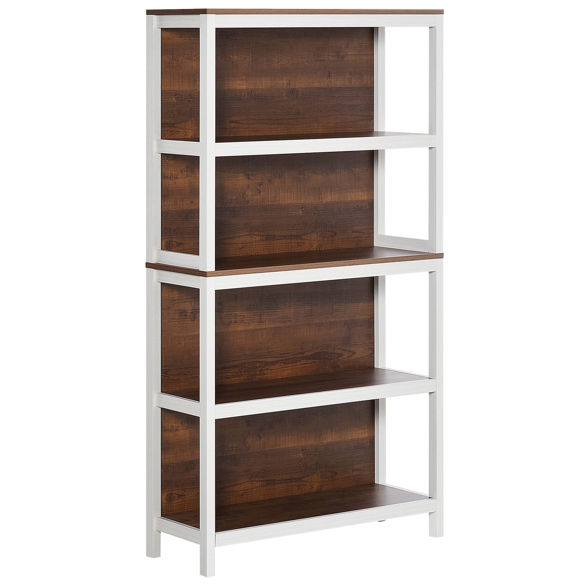 HOMCOM 4 Tier Bookshelf Utility Storage Shelf Organizer with Back Support and Anti-Topple Design - Walnut/White