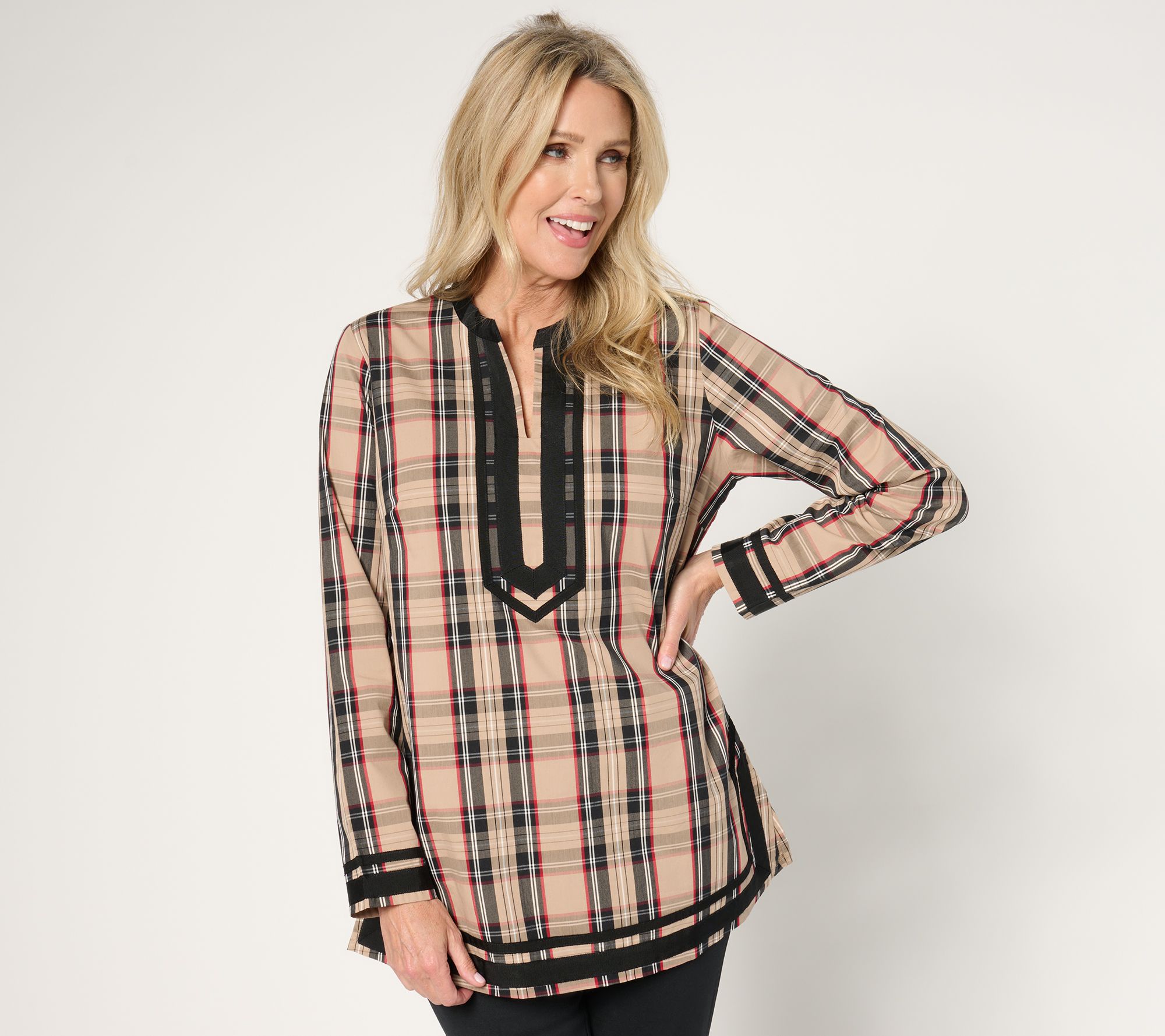 Jingle Belles by Kim Gravel Tartan Plaid Black Border Tunic Blouse