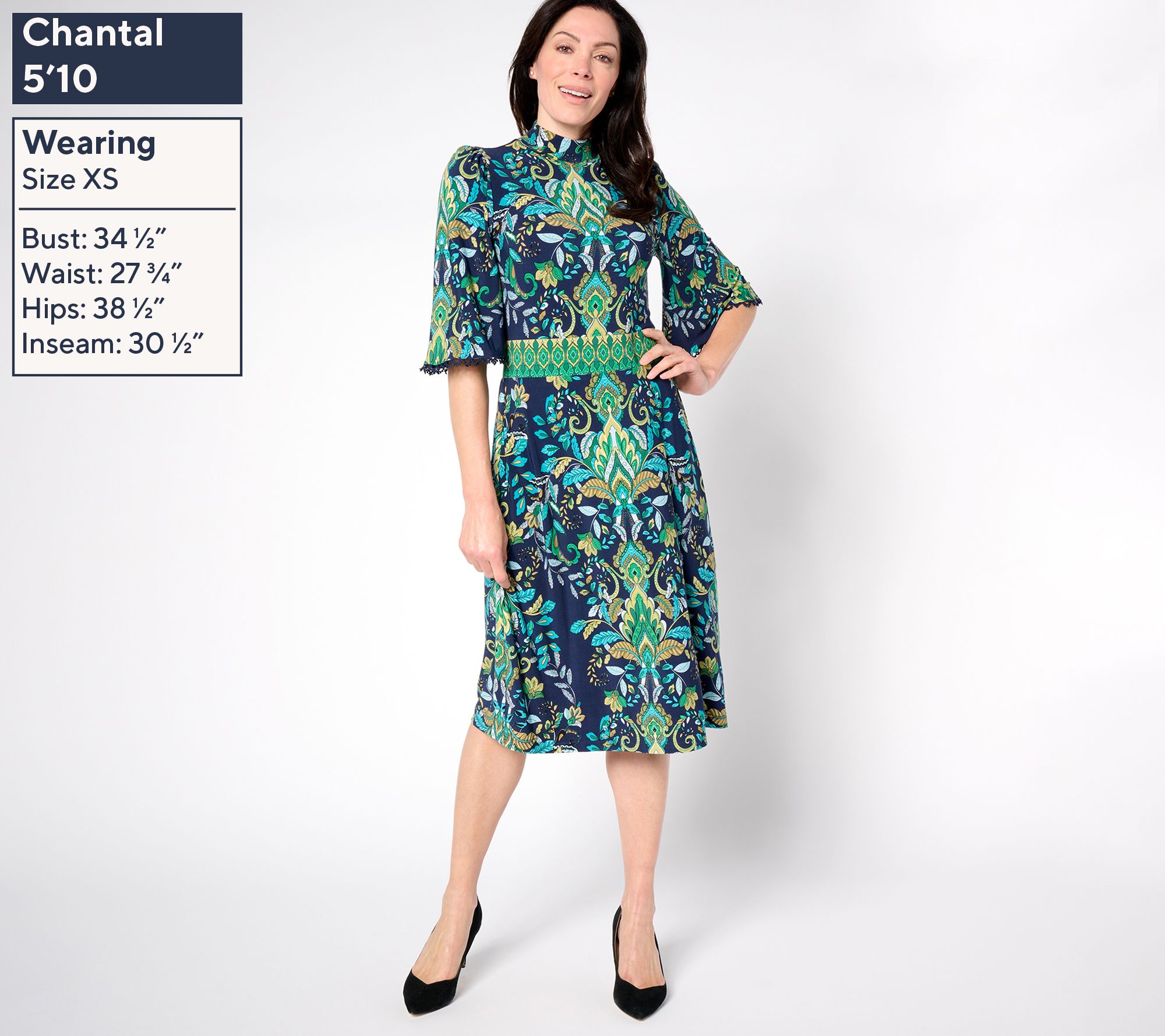 Susan Graver Regular Printed Liquid Knit Mock Neck Midi Dress