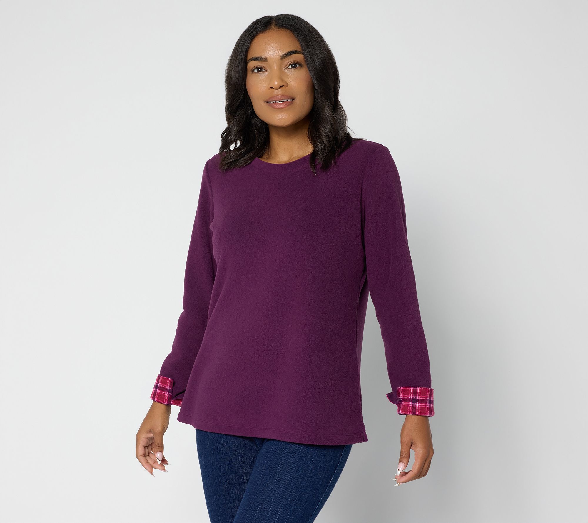 Denim & Co. Fleece Top with Plaid Accents