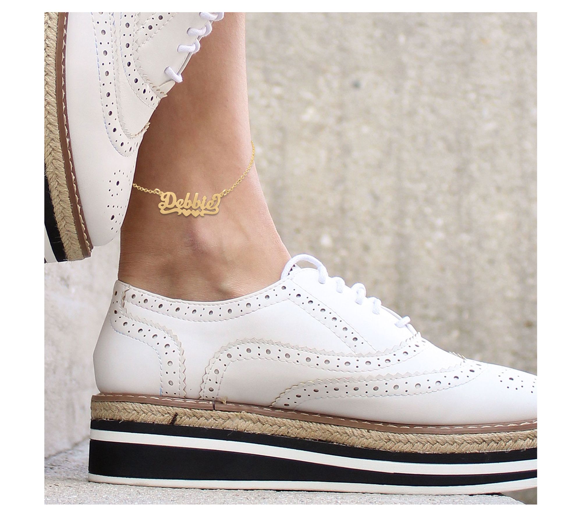 14K Gold Plated Script Name Double Heart Ankle Bracelet