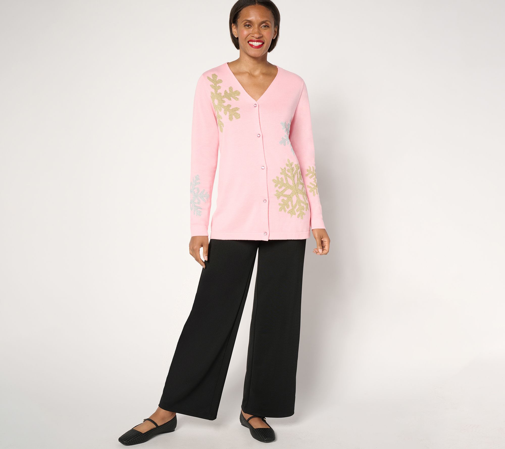 Quacker Factory Snow Day V-Neck Intarsia Sweater Cardigan